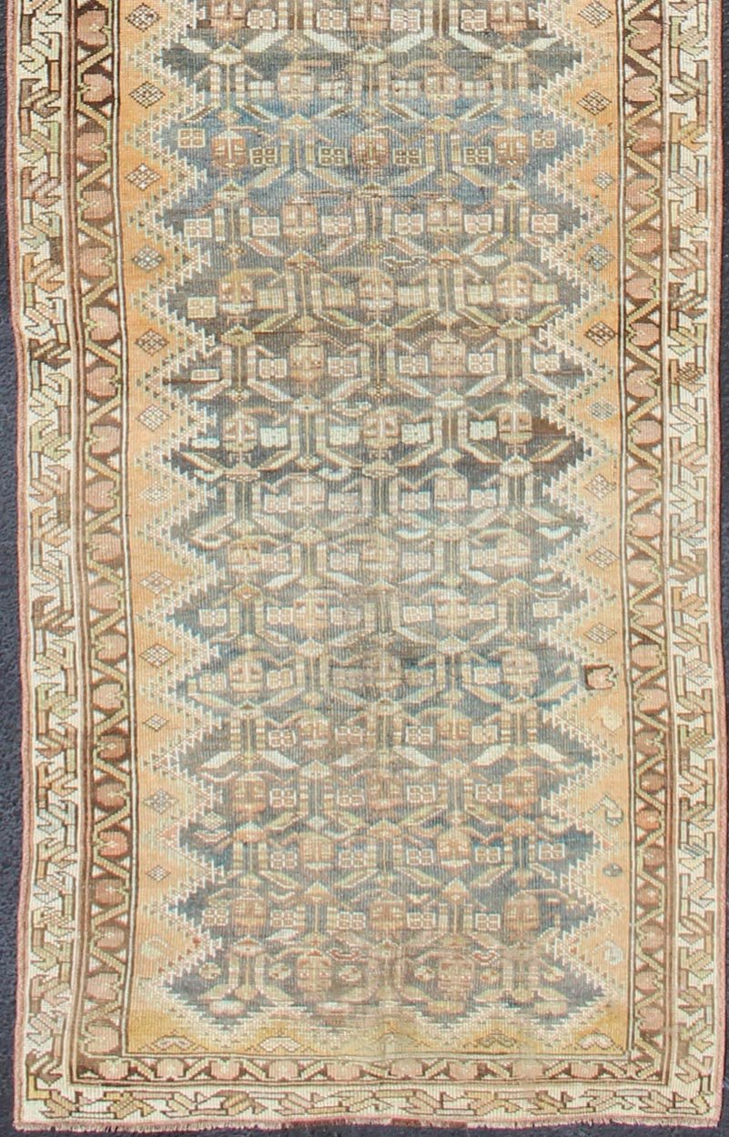 Antique Persian Malayer Runner with Teal, Gray, Blue and Brown in all over Geometric Design kwarugs Malayer antique Runner from Persia with geometric design, rug SUS - 1909 - 456, country of origin / type: Iran / Malayer, circa 1920. This ant... - Keivan Woven ArtsSUS - 1909 - 456 - 3399Rug