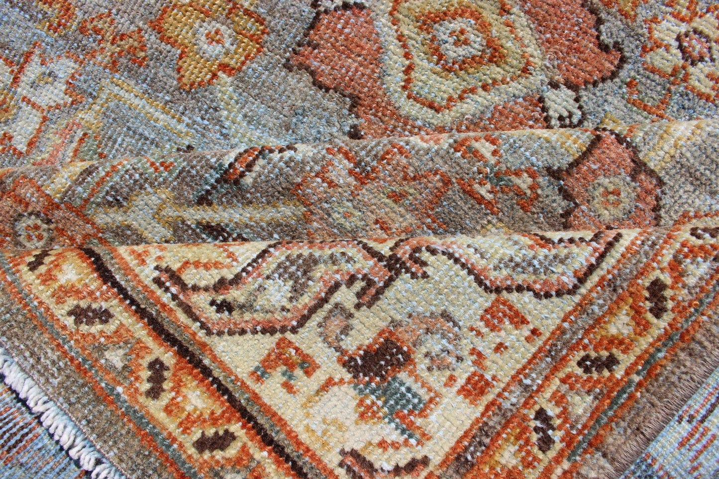 Antique Sultanabad with Muted background and Hints of Red and Orange Persian Sultanabad antique rug with floral design in Gray, green, blue, and red colors with all - over pattern, rug SUS - 2002 - 642, country of origin / type: Iran / Sultanabad circ... - Keivan Woven ArtsSUS - 2002 - 642 - 12701Rug