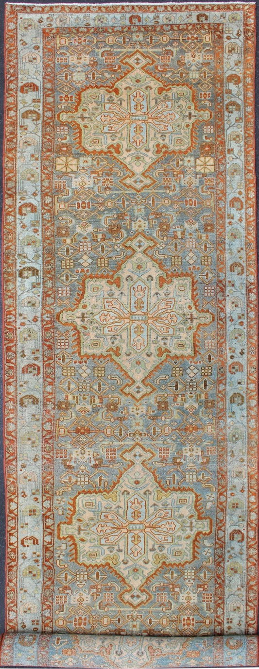 Gray Blue & Red Antique Persian Long Malayer Runner with Geometric Design Colorful Floral Geometric Persian Malayer antique runner with vertical medallions. Keivan Woven Arts / rug SUS - 2007 - 307, country of origin / type: Iran / Malayer, circa 1... - Keivan Woven ArtsSUS - 2007 - 307 - 13080Rug