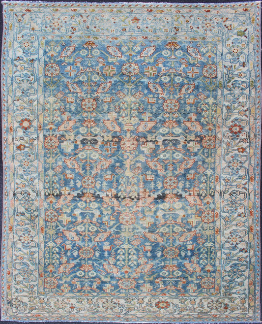 Persian Antique Malayer Rug with All - Over Design in Various Blue, Ivory & Red. Antique Persian rug with blue field and Ivory Border, rug SUS - 2007 - 465, country of origin / type: Iran / Malayer, circa 1920. This traditional Persian Malayer car... - Keivan Woven ArtsSUS - 2007 - 465 - 13158Rug