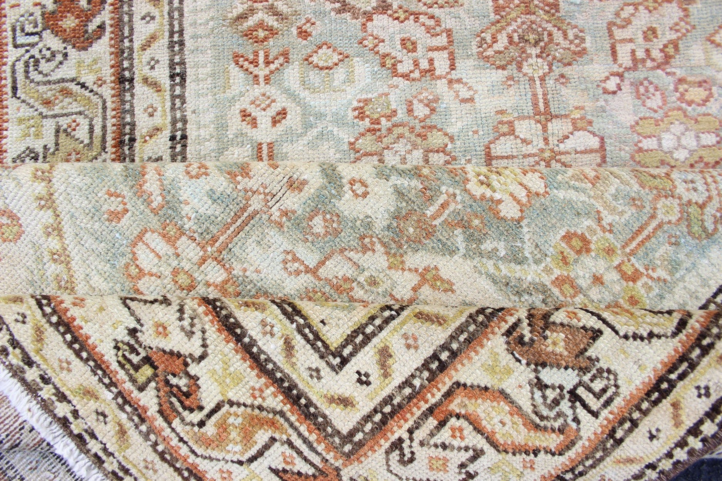 Antique Persian Malayer Runner With Geometric All - Over Design With Light Blue Background. Antique Persian Malayer runner with geometric all - over design in light blue. Blue, coral and peach. Malayer antique rug from Persia with geometric motifs.... - Keivan Woven ArtsSUS - 2009 - 617 - 13162