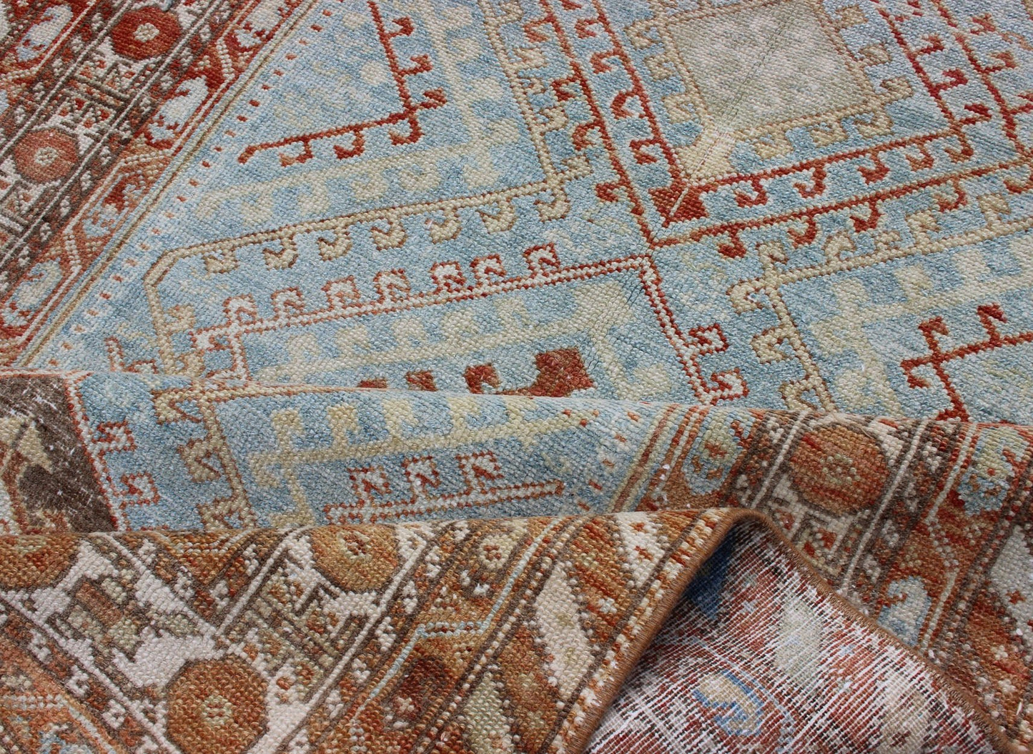 Light Blue and Soft Range Antique Persian Malayer Runner with Geometric Motifs Tribal design Persian antique Malayer runner in blue, red, orange, rug SUS - 2009 - 658, country of origin / type: Iran / Mahal, circa 1920 This antique Persian Ma... - Keivan Woven ArtsSUS - 2009 - 658 - 13314