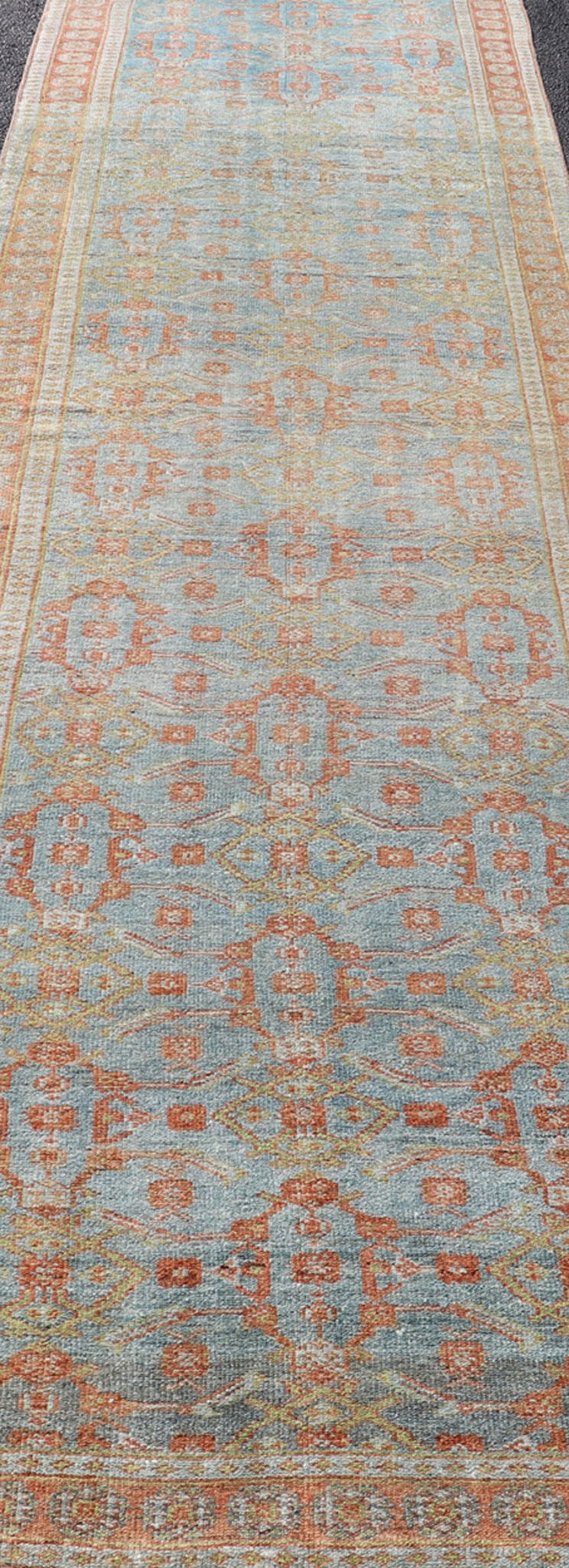 Antique Persian Long Runner with Blossoming Geometric Design in Light Blue. Ornate all over sub geometric design Bidjar antique Persian long runner in light blue, rust, soft red a variety of colors, rug SUS - 2012 - 827, country of origin / type: ... - Keivan Woven ArtsSUS - 2012 - 827 - 14302Rug