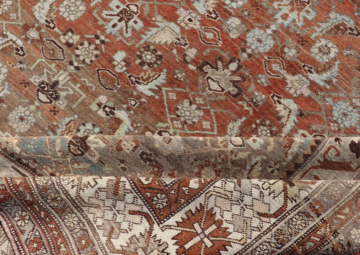 Very Large Antique Persian Bidjar Rug in Gray, taupe green, brown, light Blue, light Orange, Bronze. Very large and substantial Persian antique Bidjar in Light orange - rust, and blue - gray, orange bronze, Taupe green. Measures:14'6 x 24'2 ... - Keivan Woven ArtsSUS - 2101 - 1065 - 14548Rug
