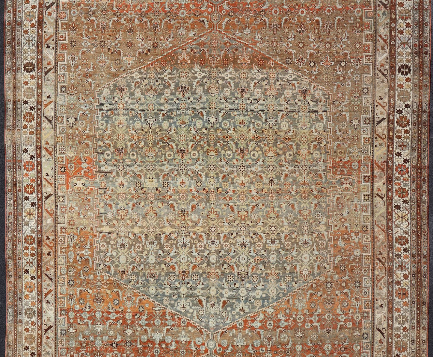 Very Large Antique Persian Bidjar Rug in Gray, taupe green, brown, light Blue, light Orange, Bronze. Very large and substantial Persian antique Bidjar in Light orange - rust, and blue - gray, orange bronze, Taupe green. Measures:14'6 x 24'2 ... - Keivan Woven ArtsSUS - 2101 - 1065 - 14548Rug