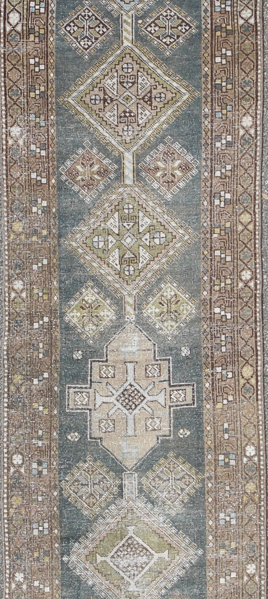 Heriz Antique Persian Rug with Multi - Layered Geometric Medallions in Blue, Brown, rug sus - 4702, country of origin / type: Iran / Heriz Serapi, circa 1900 This magnificent Heriz Serapi runner woven in the early 20th century bears an exquisite des... - Keivan Woven ArtsSUS - 4702 - 9132Rug