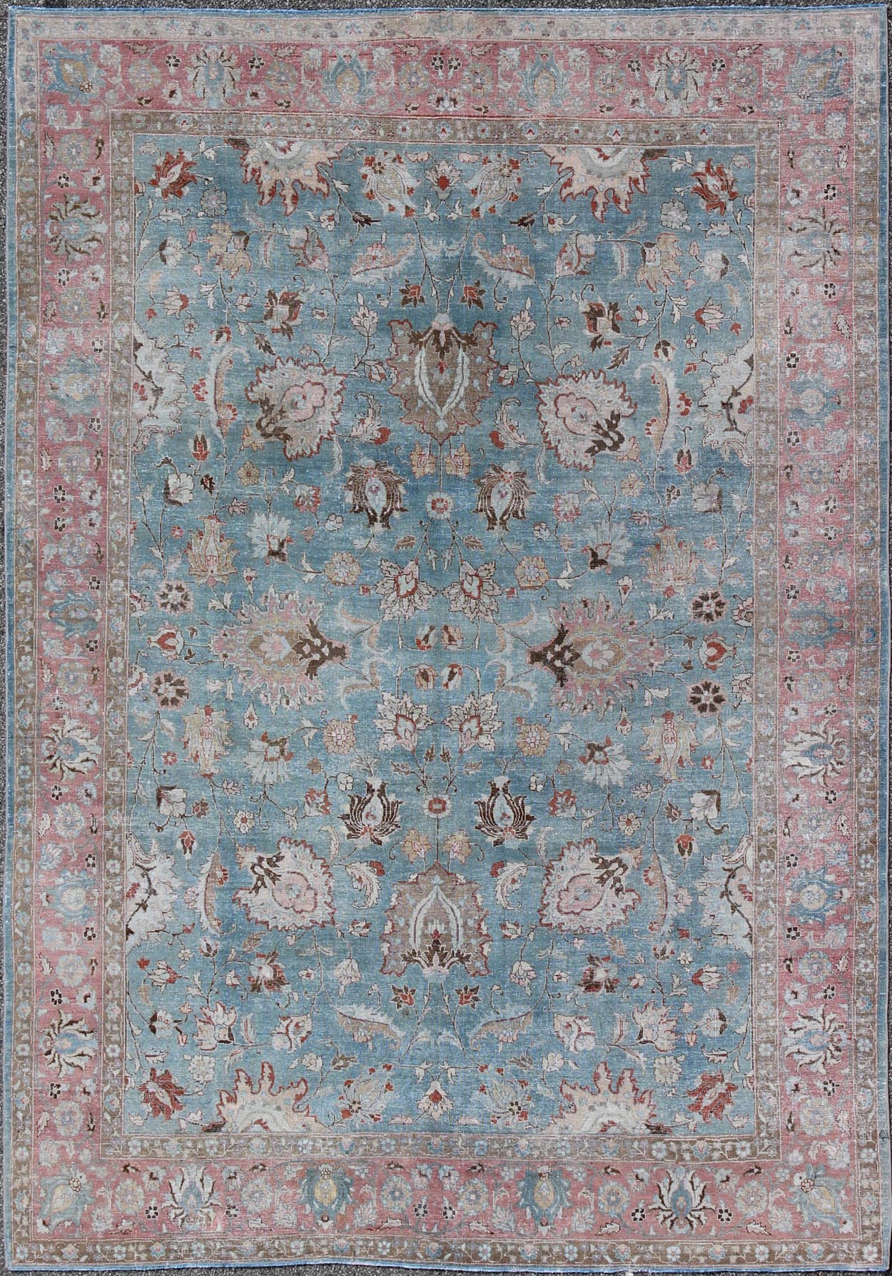 Sky Blue and Light Pink Antique Persian Tabriz Rug with Taupe Floral Motifs, rug sus - 4709, country of origin / type: Iran / Tabriz, circa 1920 This antique Persian Tabriz carpet from the early 20th century (circa 1920) features a refined palate ... - Keivan Woven ArtsSUS - 4709 - 9140Rug