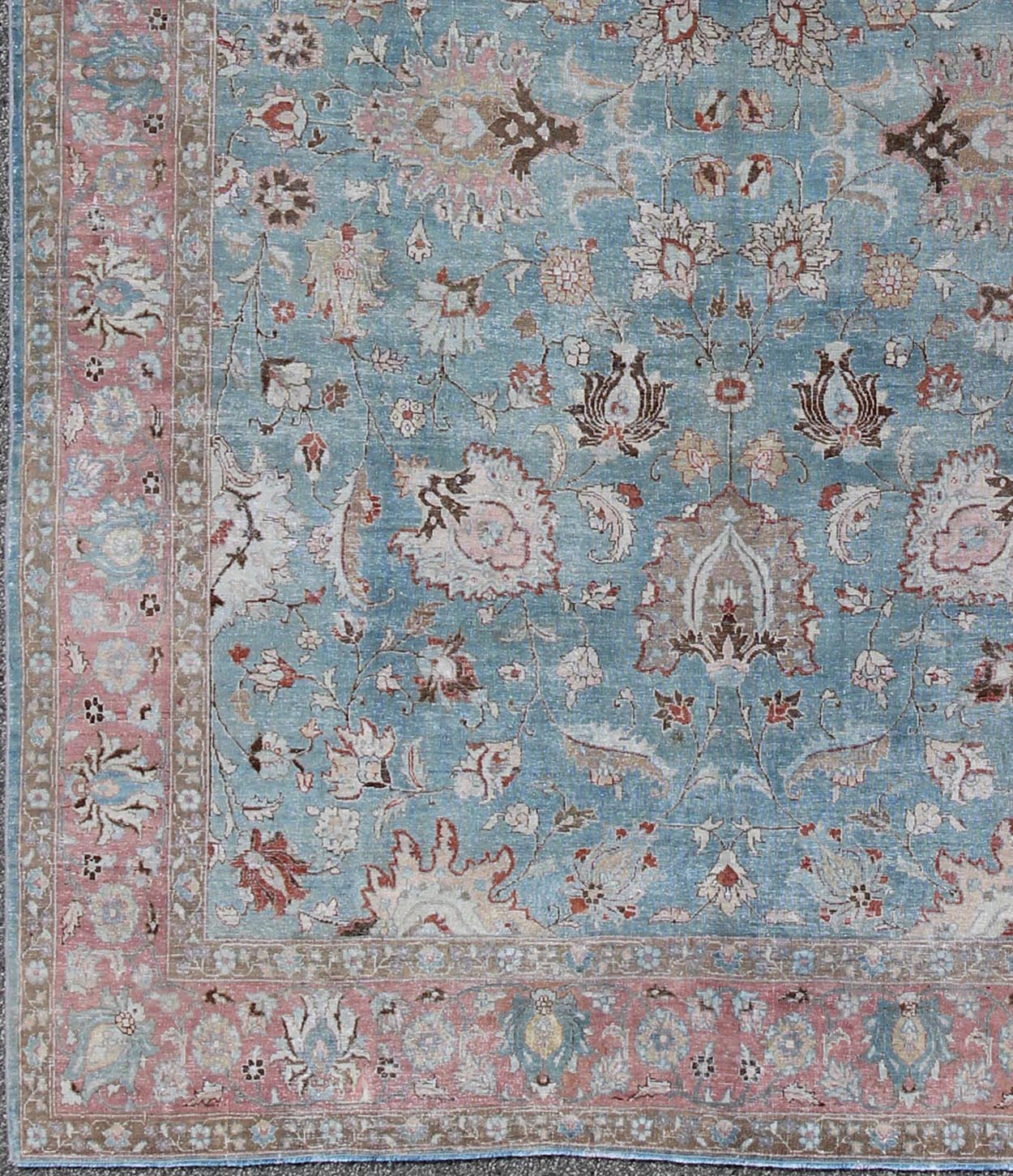 Sky Blue and Light Pink Antique Persian Tabriz Rug with Taupe Floral Motifs, rug sus - 4709, country of origin / type: Iran / Tabriz, circa 1920 This antique Persian Tabriz carpet from the early 20th century (circa 1920) features a refined palate ... - Keivan Woven ArtsSUS - 4709 - 9140Rug
