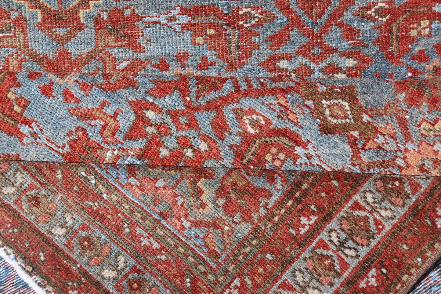 Persian Malayer Runner with Sub - Geometric Design in Blue, Red and Taupe This magnificent antique Persian Malayer carpet, of an impressive size, bears a beautiful, all - over sub - geometric design paired with a delightful palette of various shades o... - Keivan Woven ArtsSUS - 76 - 8401Rug
