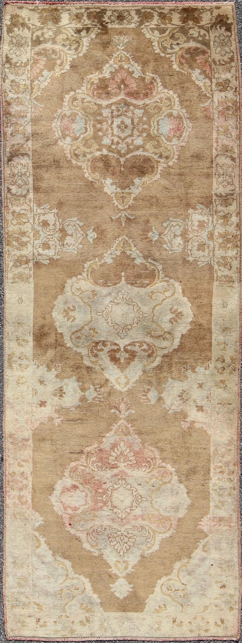 Vintage Turkish Oushak Runner with Floral Medallions in Olive Green and Ivory, rug tra - 0912, country of origin / type: Turkey / Oushak, circa mid - 20th century This beautiful vintage Oushak runner from mid - 20th century Turkey features a Classic O... - Keivan Woven ArtsTRA - 0912 - 3712Rug
