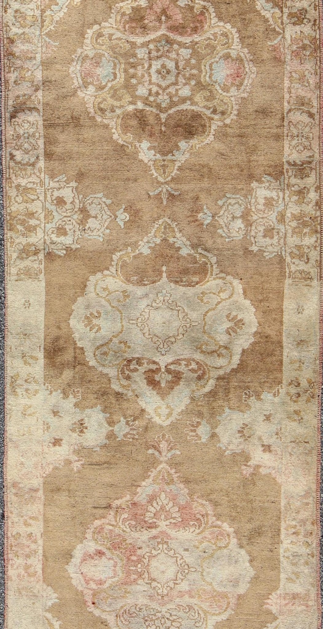 Vintage Turkish Oushak Runner with Floral Medallions in Olive Green and Ivory, rug tra - 0912, country of origin / type: Turkey / Oushak, circa mid - 20th century This beautiful vintage Oushak runner from mid - 20th century Turkey features a Classic O... - Keivan Woven ArtsTRA - 0912 - 3712Rug