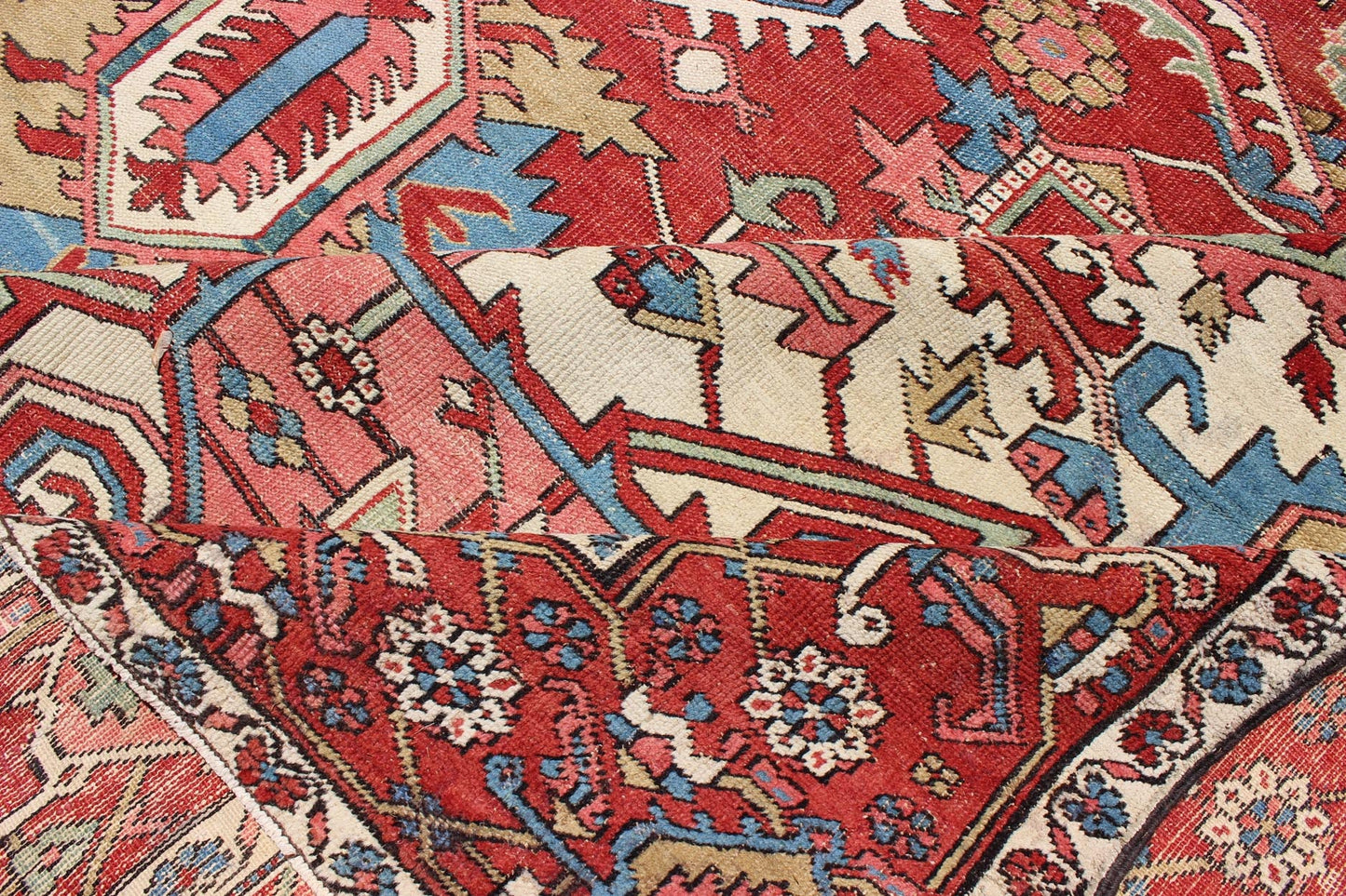 Antique Persian Serapi Carpet in Warm Red, Ivory, and Blue With Geometric Design. Keivan Woven Arts; rug TRA - 1010, country of origin / type: Iran / Serapi, circa 1900. Measures: 10'4 x 15'. This antique Persian Serapi carpet displays a wonderful... - Keivan Woven ArtsTRA - 1010 - 2567Rug