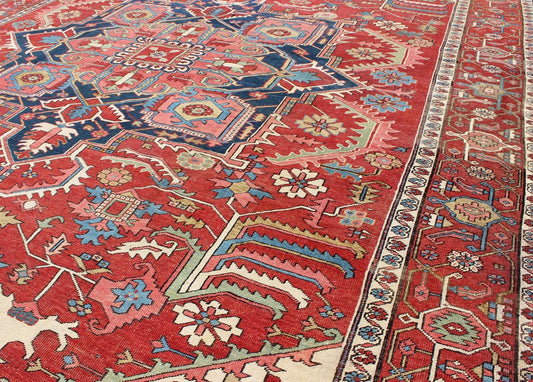 Antique Persian Serapi Carpet in Warm Red, Ivory, and Blue With Geometric Design. Keivan Woven Arts; rug TRA - 1010, country of origin / type: Iran / Serapi, circa 1900. Measures: 10'4 x 15'. This antique Persian Serapi carpet displays a wonderful... - Keivan Woven ArtsTRA - 1010 - 2567