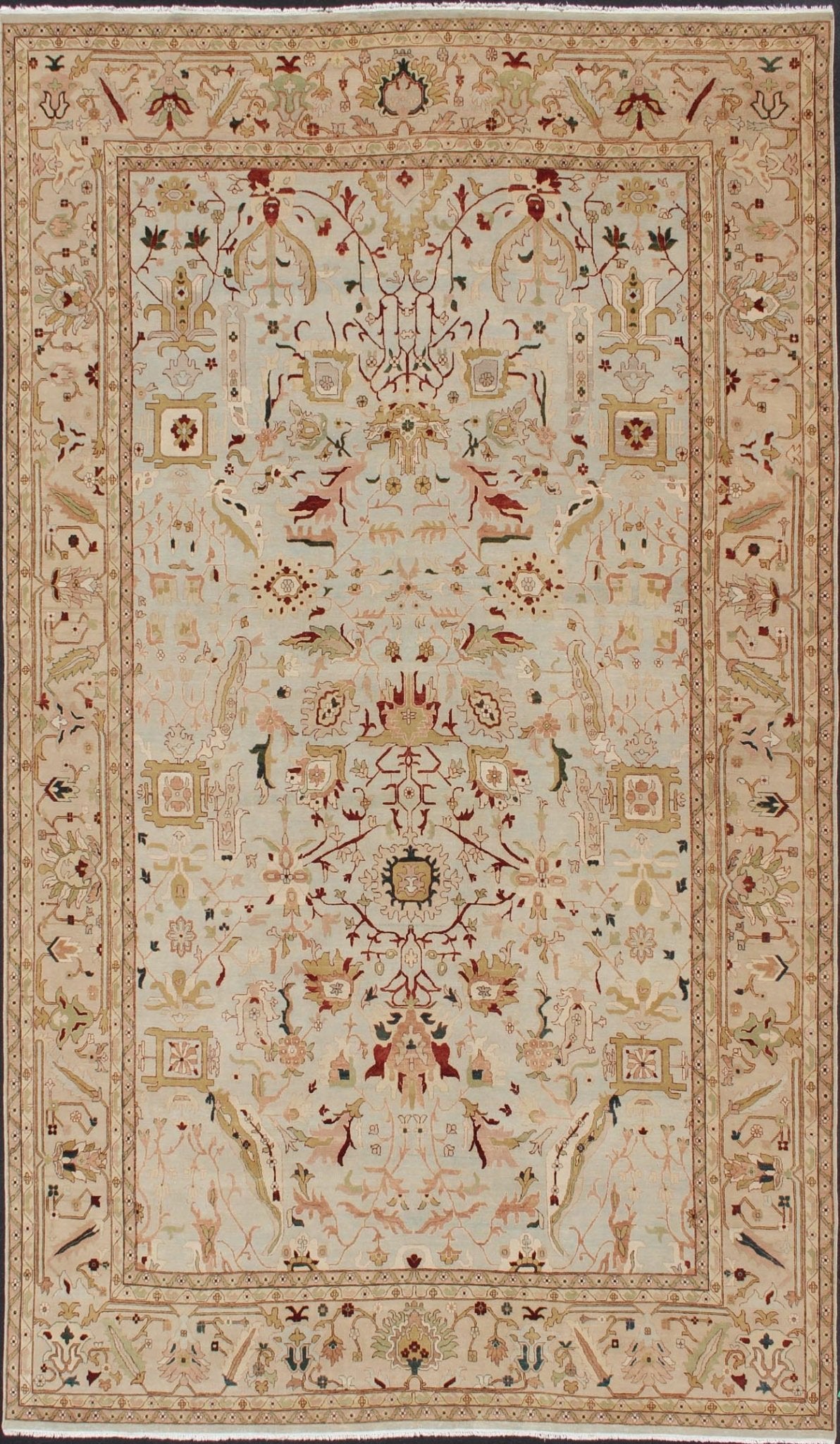 Very Large Fine Rug, made in Afghanistan, in Neutrals, Cream, Taupe, Gold, Light Blue & Green and multi colors Grandiose rug in Cream, brown, red, green, gold, light blue and earth tone hand knotted Afghanistan made rug with florals, TRA - 6031 c... - Keivan Woven ArtsTRA - 6031 - 305