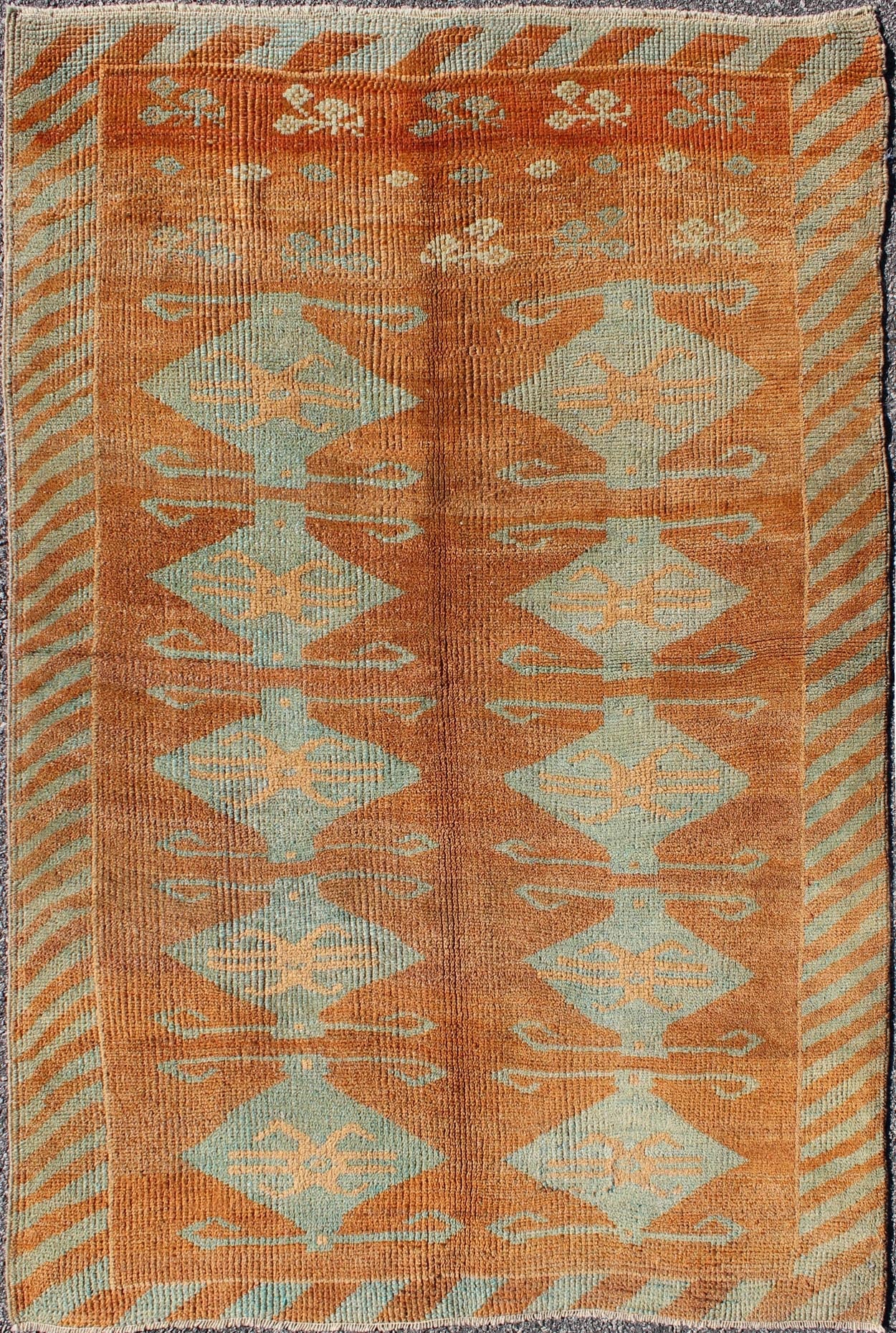 Antique Turkish Tulu Rug with Tribal Medallions in Copper and Light Blue green antique Tulu rug with Tribal Medallions in Copper and light blue, Keivan Woven Arts/ rug TU - 9102, country of origin / type: Turkey / Tulu, circa 1930's Measur... - Keivan Woven ArtsTU - 9102 - 2141Rug