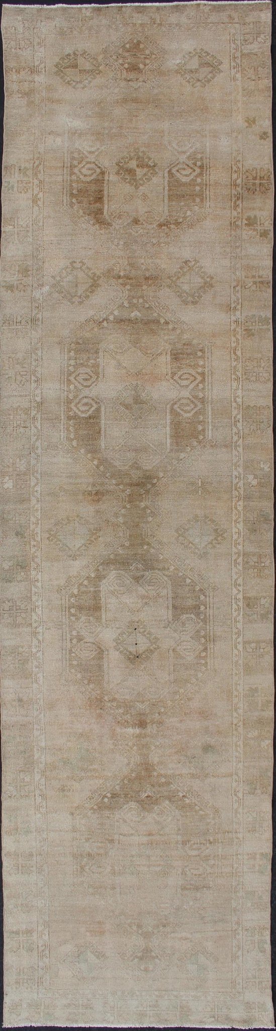 Hand Knotted Vintage Turkish Runner in Earth Tones & Light Brown in Medallions tan, sand, taupe and light brown. Keivan Woven Arts / rug TU - ALK - 3585, country of origin / type: Turkey / Kars, circa 1940. Turkish runner in Earth tones, light brown... - Keivan Woven ArtsTU - ALK - 3585 - 12096Rug