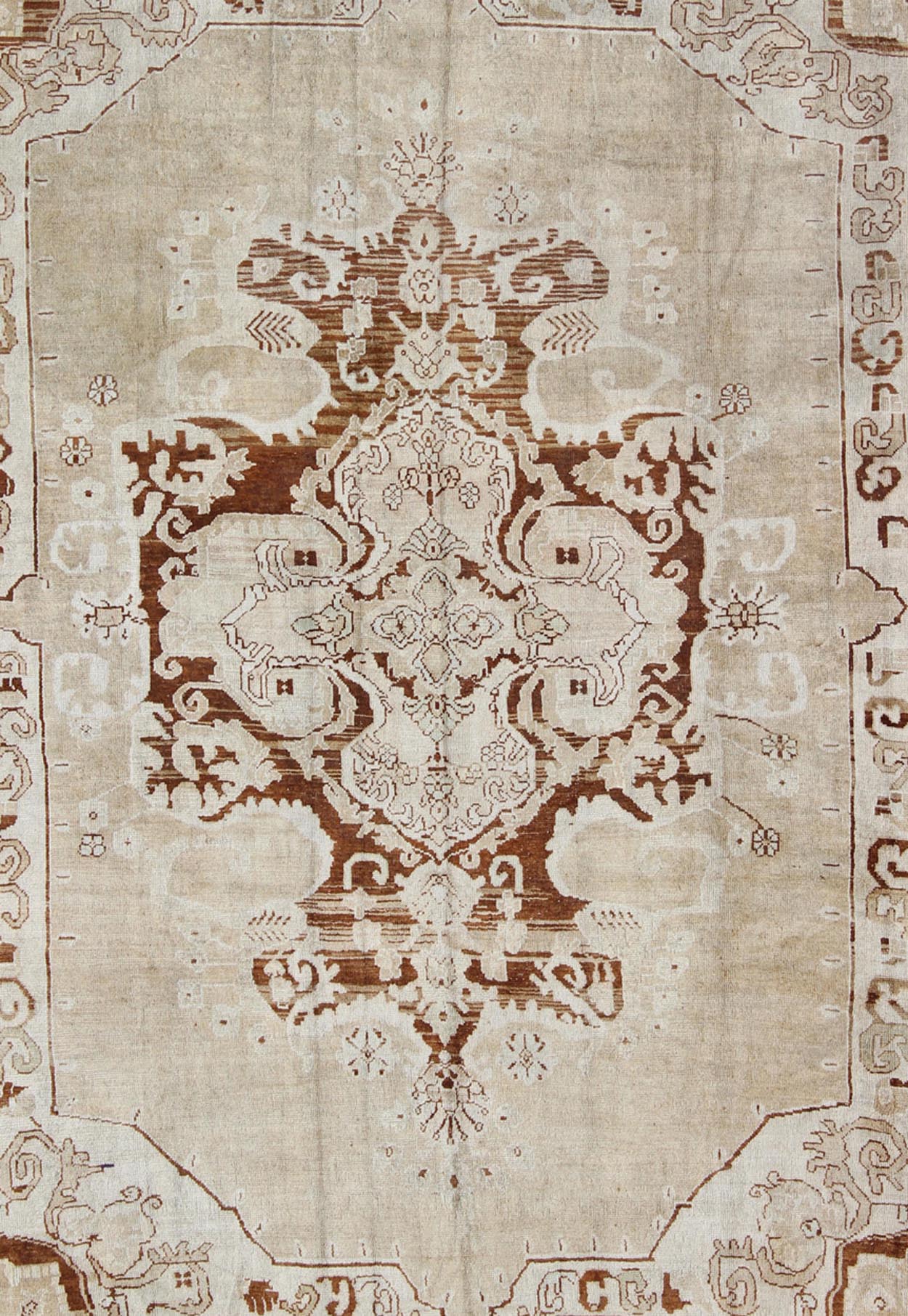 Vintage Turkish Kars Carpet with Floral Medallion in Sienna, Mocha and Bone This incredible vintage Kars carpet beautifully illustrates the imaginative artistry of eastern Turkish weavers. A large and bold sweeping floral medallion takes center ... - Keivan Woven ArtsTU - ARS - 474 - 2460Rug