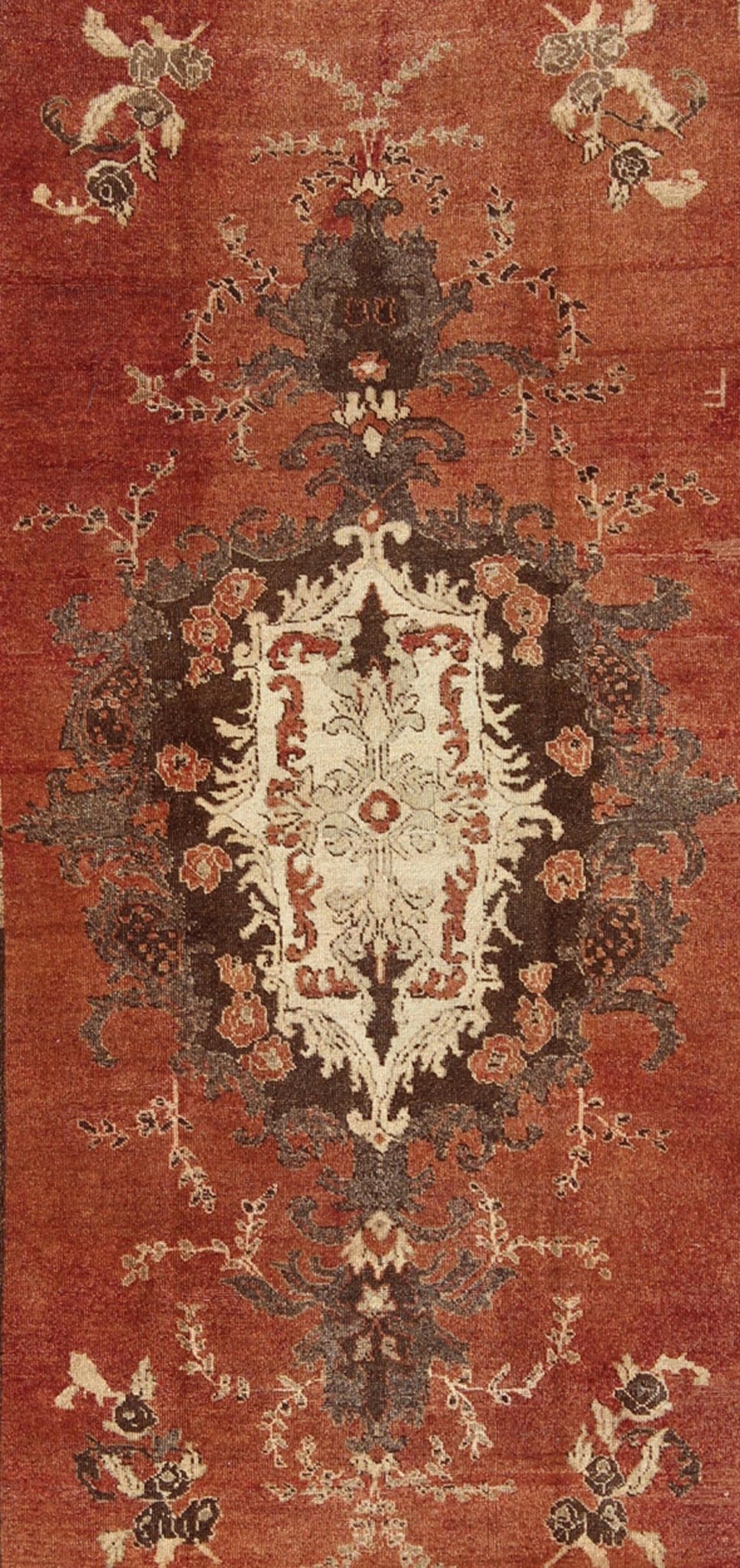 Keivan Woven Arts, Tu - Cum - 115, Antique Oushak Carpet From Turkey With Sienna color Field and Floral Medallion. Antique Oushak Carpet from Turkey with Faint Brown Red Field and Floral Medallion This antique Turkish Oushak rug features a unique bl... - Keivan Woven ArtsTU - CUM - 115 - 2404Rug