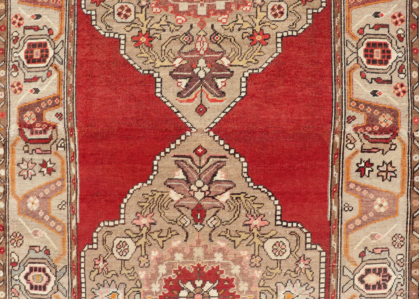 Keivan Woven Arts - Very Long Turkish Oushak Runner with Floral and Geometrics in Red & Neutrals, rug cum - 170, country of origin / type: Turkey / Oushak, circa 1930's. Measures: 3'11 x 20'6. This long Turkish Oushak gallery rug features a unique ... - Keivan Woven ArtsTU - CUM - 170 - 2408Rug