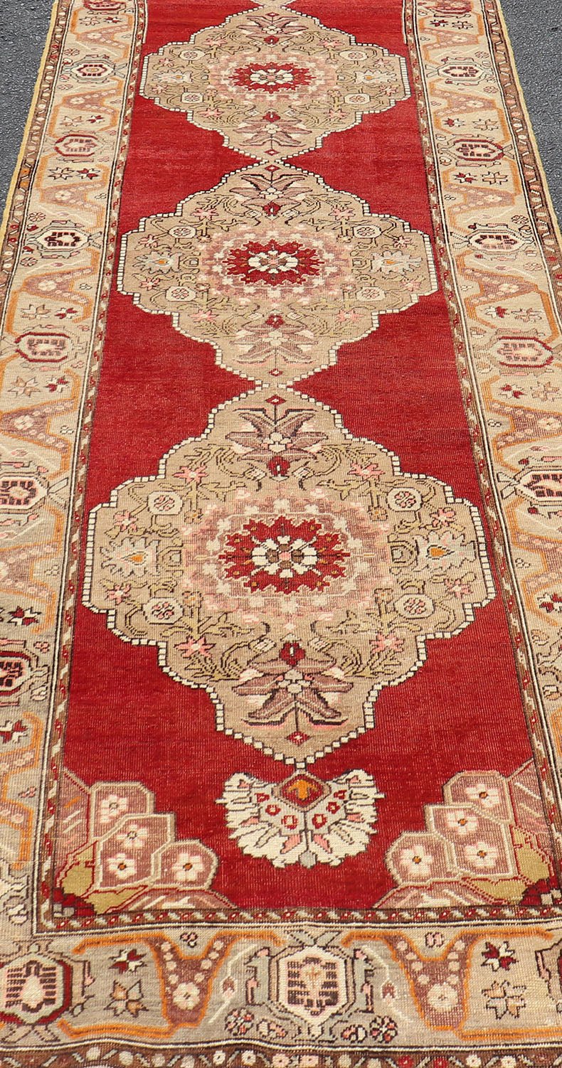 Keivan Woven Arts - Very Long Turkish Oushak Runner with Floral and Geometrics in Red & Neutrals, rug cum - 170, country of origin / type: Turkey / Oushak, circa 1930's. Measures: 3'11 x 20'6. This long Turkish Oushak gallery rug features a unique ... - Keivan Woven ArtsTU - CUM - 170 - 2408Rug