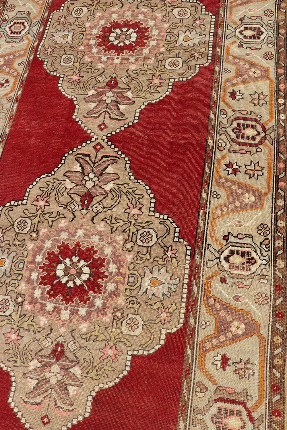Keivan Woven Arts - Very Long Turkish Oushak Runner with Floral and Geometrics in Red & Neutrals, rug cum - 170, country of origin / type: Turkey / Oushak, circa 1930's. Measures: 3'11 x 20'6. This long Turkish Oushak gallery rug features a unique ... - Keivan Woven ArtsTU - CUM - 170 - 2408Rug