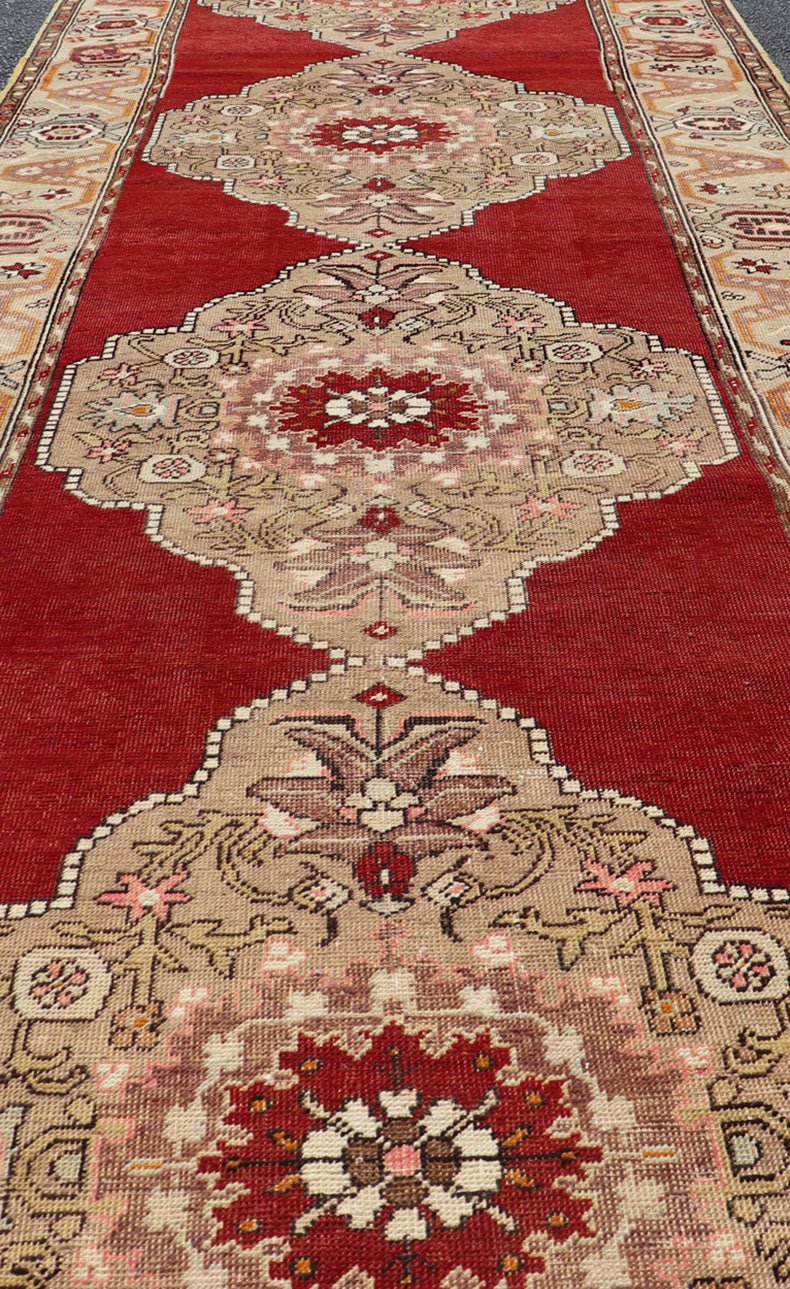 Keivan Woven Arts - Very Long Turkish Oushak Runner with Floral and Geometrics in Red & Neutrals, rug cum - 170, country of origin / type: Turkey / Oushak, circa 1930's. Measures: 3'11 x 20'6. This long Turkish Oushak gallery rug features a unique ... - Keivan Woven ArtsTU - CUM - 170 - 2408Rug