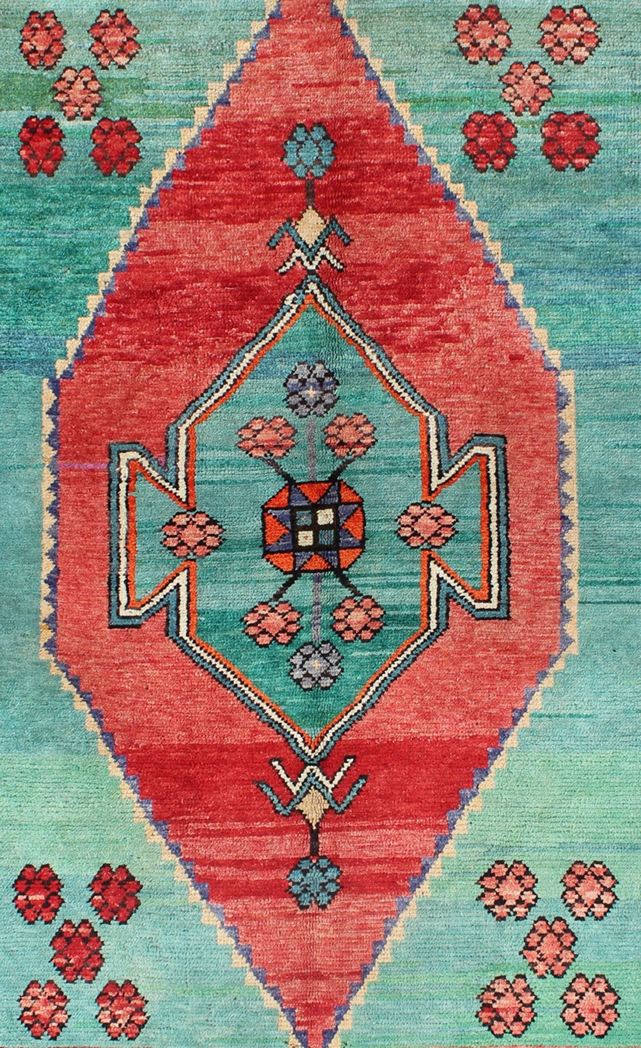 Brightly Colored Rug Oushak Turkish Vintage with Medallion and Geometric Flowers, rug tu - dur - 136644, country of origin / type: Turkey / Oushak, circa 1940 This beautiful vintage rug from mid - 20th century Turkey features an intricate design, whic... - Keivan Woven ArtsTU - DUR - 136644 - 9152Rug