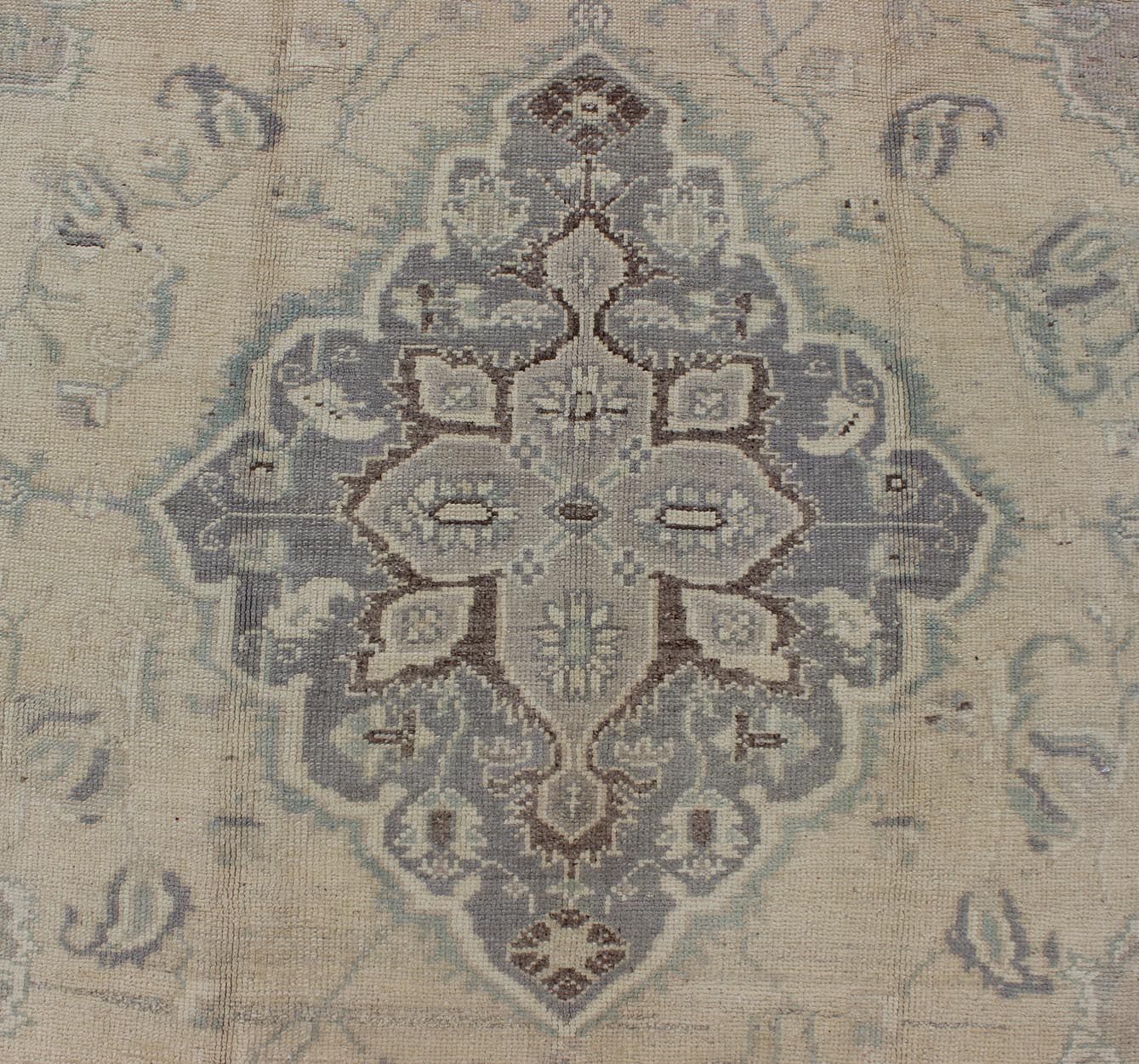 Vintage Turkish Medallion Oushak in Muted Yellow, Blue, Green, Peach & Lilac Vintage Turkish Medallion Oushak in Muted Yellow, Blue, light Green, Peach & Lilac; Country of Origin: Turkey; Type: Oushak; Design: Medallion, Floral Medallion, All - O... - Keivan Woven ArtsTU - DUR - 3415 - 6151Rug
