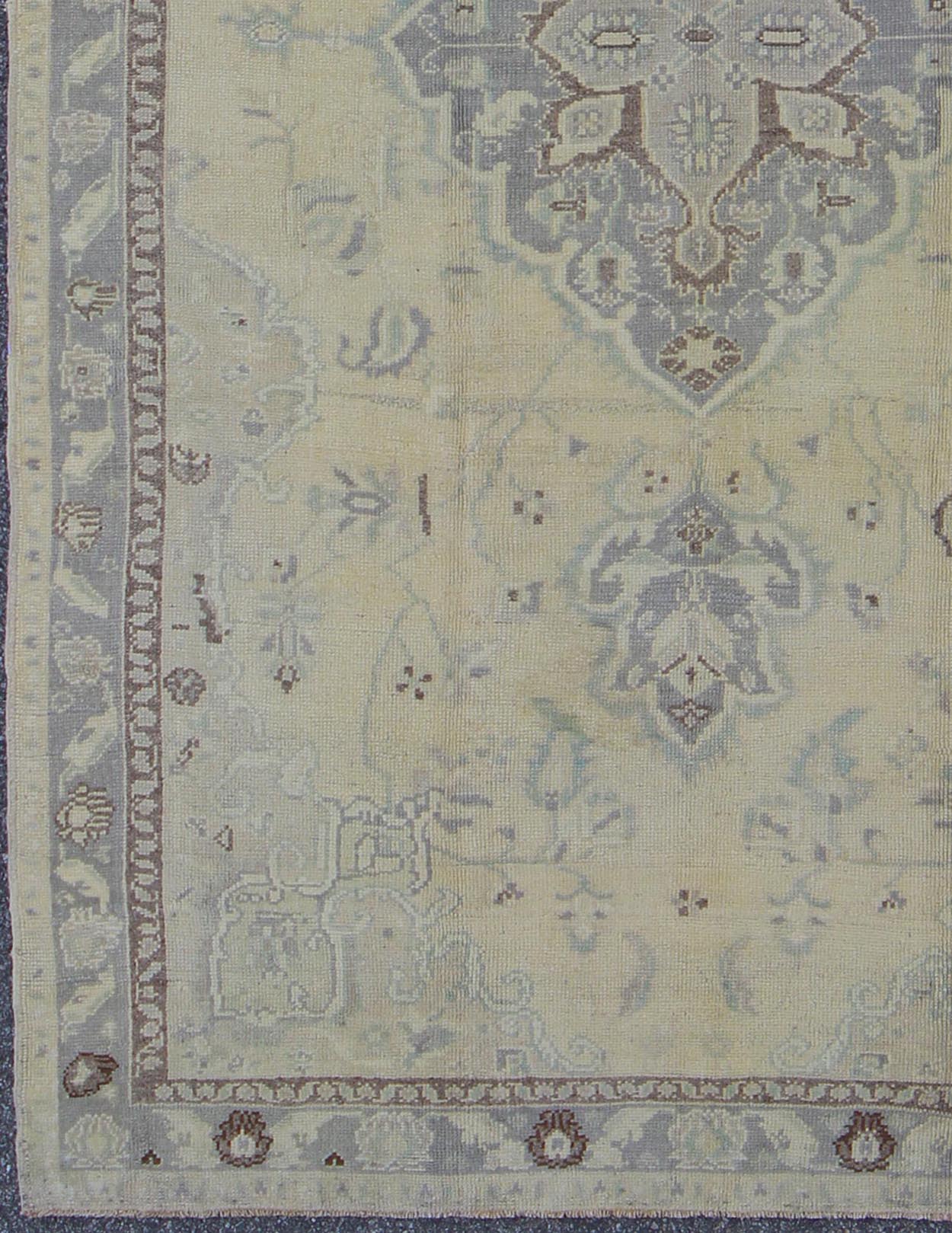 Vintage Turkish Medallion Oushak in Muted Yellow, Blue, Green, Peach & Lilac Vintage Turkish Medallion Oushak in Muted Yellow, Blue, light Green, Peach & Lilac; Country of Origin: Turkey; Type: Oushak; Design: Medallion, Floral Medallion, All - O... - Keivan Woven ArtsTU - DUR - 3415 - 6151Rug