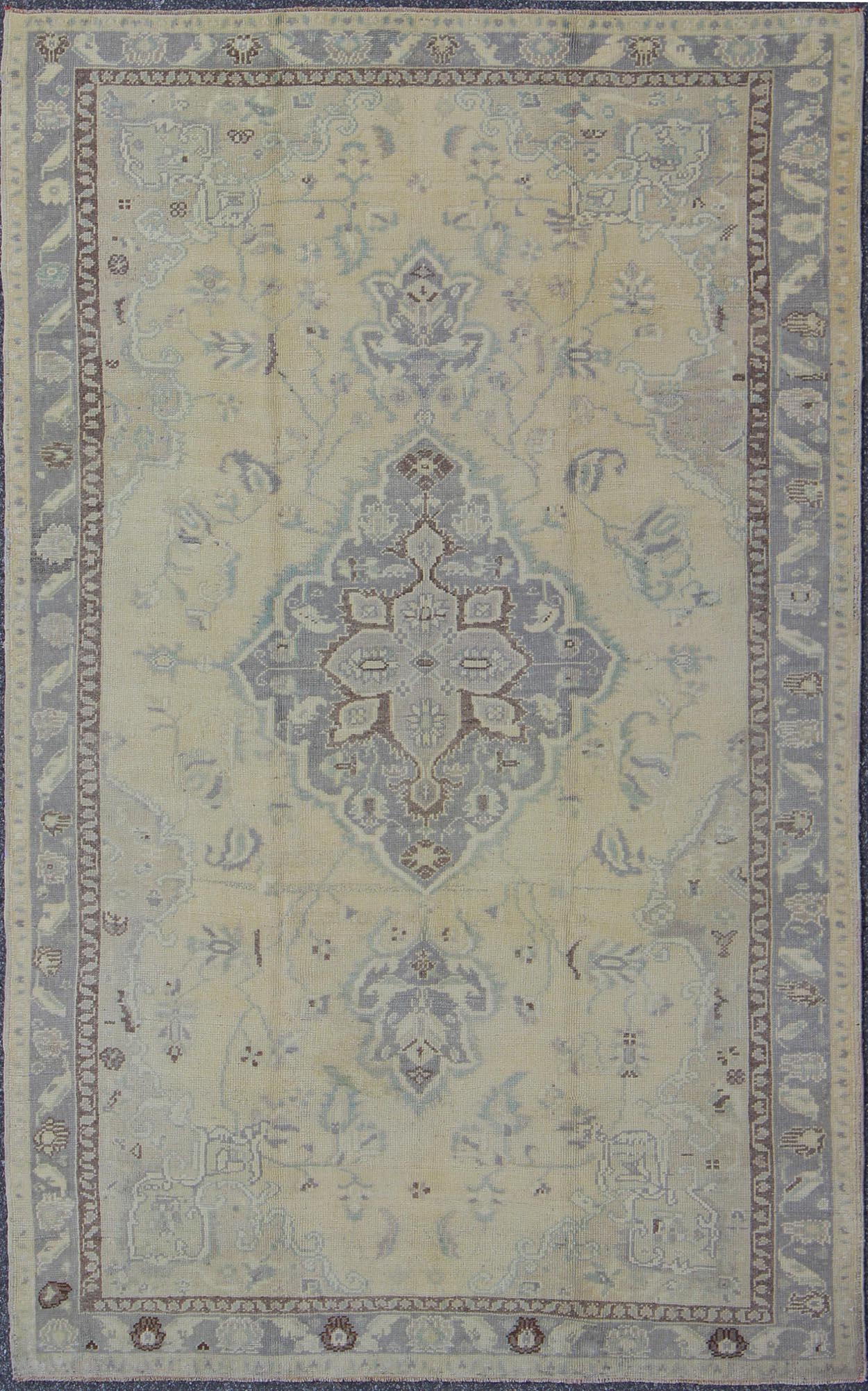 Vintage Turkish Medallion Oushak in Muted Yellow, Blue, Green, Peach & Lilac Vintage Turkish Medallion Oushak in Muted Yellow, Blue, light Green, Peach & Lilac; Country of Origin: Turkey; Type: Oushak; Design: Medallion, Floral Medallion, All - O... - Keivan Woven ArtsTU - DUR - 3415 - 6151Rug