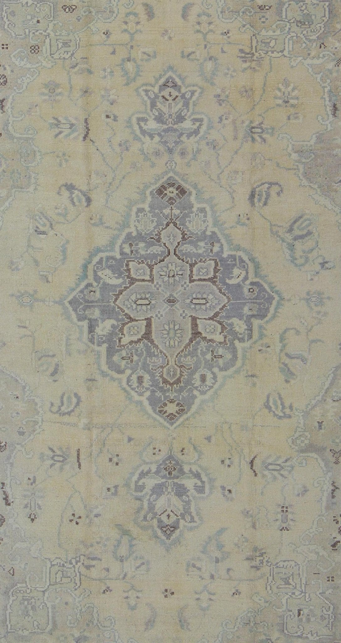 Vintage Turkish Medallion Oushak in Muted Yellow, Blue, Green, Peach & Lilac Vintage Turkish Medallion Oushak in Muted Yellow, Blue, light Green, Peach & Lilac; Country of Origin: Turkey; Type: Oushak; Design: Medallion, Floral Medallion, All - O... - Keivan Woven ArtsTU - DUR - 3415 - 6151Rug
