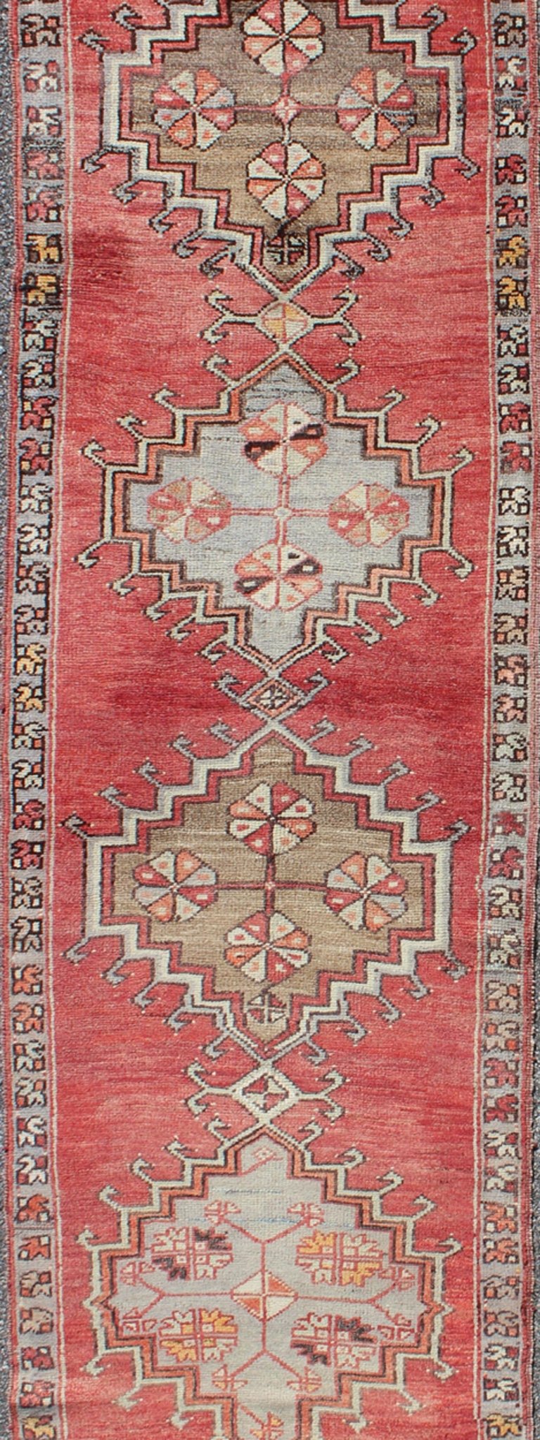 Tribal Geometric Vintage Turkish Oushak Runner with Medallions on Red Background, rug dur - 3423, country of origin / type: Turkey / Oushak, circa mid - 20th century This vintage Turkish Oushak gallery rug (circa mid - 20th century) features a unique ... - Keivan Woven ArtsTU - DUR - 3423 - 5720Rug