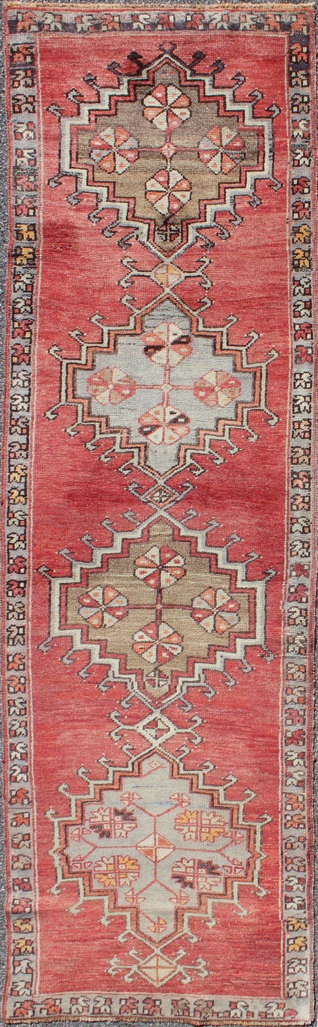 Tribal Geometric Vintage Turkish Oushak Runner with Medallions on Red Background, rug dur - 3423, country of origin / type: Turkey / Oushak, circa mid - 20th century This vintage Turkish Oushak gallery rug (circa mid - 20th century) features a unique ... - Keivan Woven ArtsTU - DUR - 3423 - 5720Rug