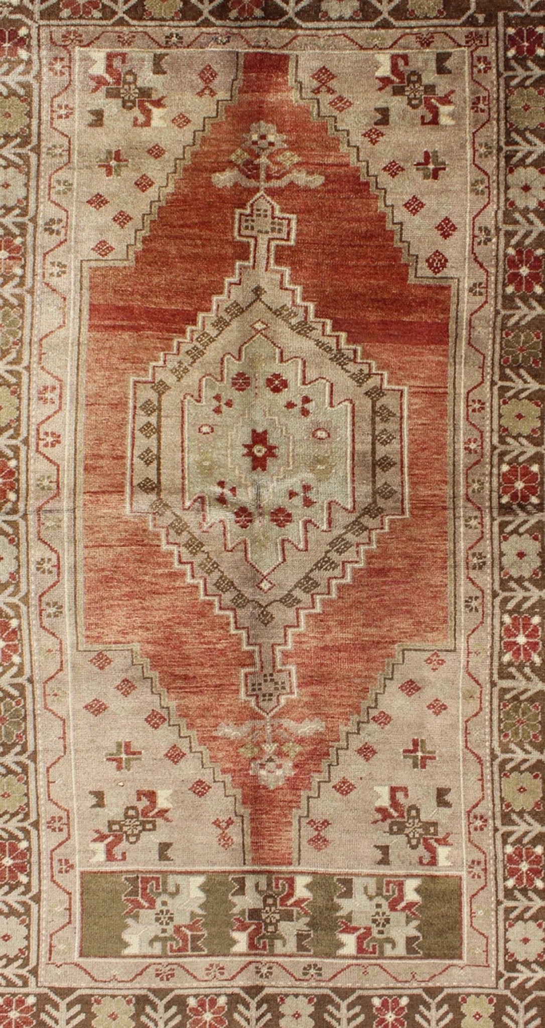 Vintage Oushak Rug With Geometric Motifs in Terracotta, Green and Tan. Vintage Oushak Rug from Turkey with Geometric Motifs Keivan Woven Arts/ rug#TU - DUR - 3461, contents/ wool, hand knotted, origin/turkey Measures: 3.5 x 6.1 This v... - Keivan Woven ArtsTU - DUR - 3461 - 5732Rug