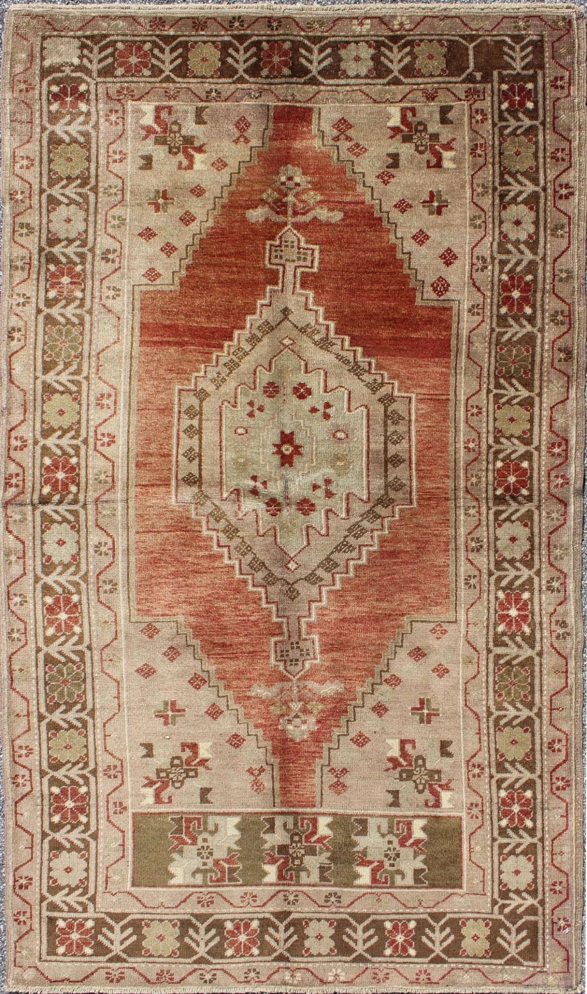 Vintage Oushak Rug With Geometric Motifs in Terracotta, Green and Tan. Vintage Oushak Rug from Turkey with Geometric Motifs Keivan Woven Arts/ rug#TU - DUR - 3461, contents/ wool, hand knotted, origin/turkey Measures: 3.5 x 6.1 This v... - Keivan Woven ArtsTU - DUR - 3461 - 5732Rug