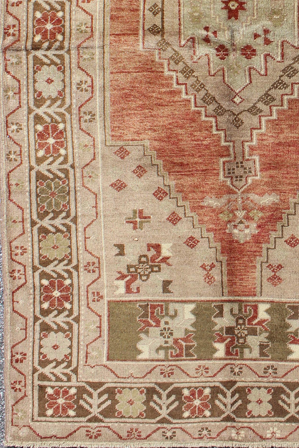Vintage Oushak Rug With Geometric Motifs in Terracotta, Green and Tan. Vintage Oushak Rug from Turkey with Geometric Motifs Keivan Woven Arts/ rug#TU - DUR - 3461, contents/ wool, hand knotted, origin/turkey Measures: 3.5 x 6.1 This v... - Keivan Woven ArtsTU - DUR - 3461 - 5732Rug
