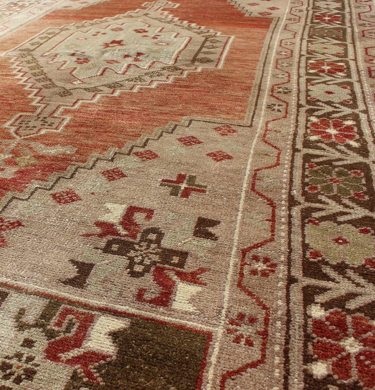 Vintage Oushak Rug With Geometric Motifs in Terracotta, Green and Tan. Vintage Oushak Rug from Turkey with Geometric Motifs Keivan Woven Arts/ rug#TU - DUR - 3461, contents/ wool, hand knotted, origin/turkey Measures: 3.5 x 6.1 This v... - Keivan Woven ArtsTU - DUR - 3461 - 5732Rug