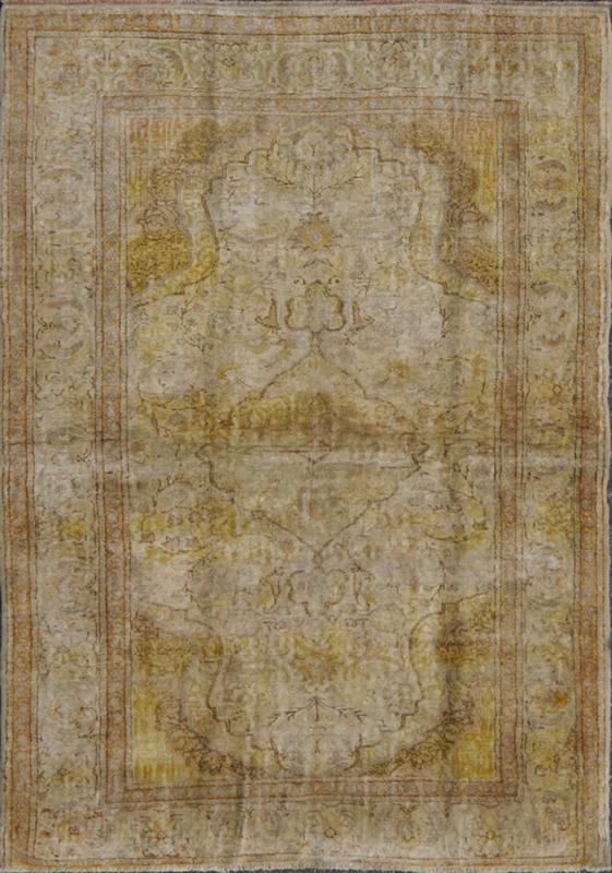 Silk Turkish Sivas Rug in Shades of Ivory, Brown and Yellow, rug dur - 95073, country of origin / type: Turkey / Oushak, circa mid - 20th century. This vintage Turkish Sivas carpet (circa mid - 20th century) features a central medallion design, as wel... - Keivan Woven ArtsTU - DUR - 95073 - 4526Rug