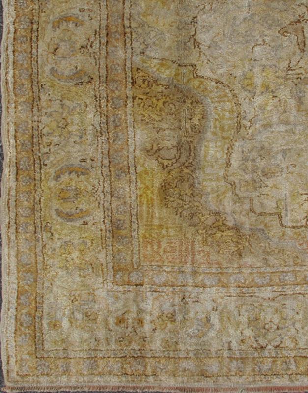 Silk Turkish Sivas Rug in Shades of Ivory, Brown and Yellow, rug dur - 95073, country of origin / type: Turkey / Oushak, circa mid - 20th century. This vintage Turkish Sivas carpet (circa mid - 20th century) features a central medallion design, as wel... - Keivan Woven ArtsTU - DUR - 95073 - 4526Rug