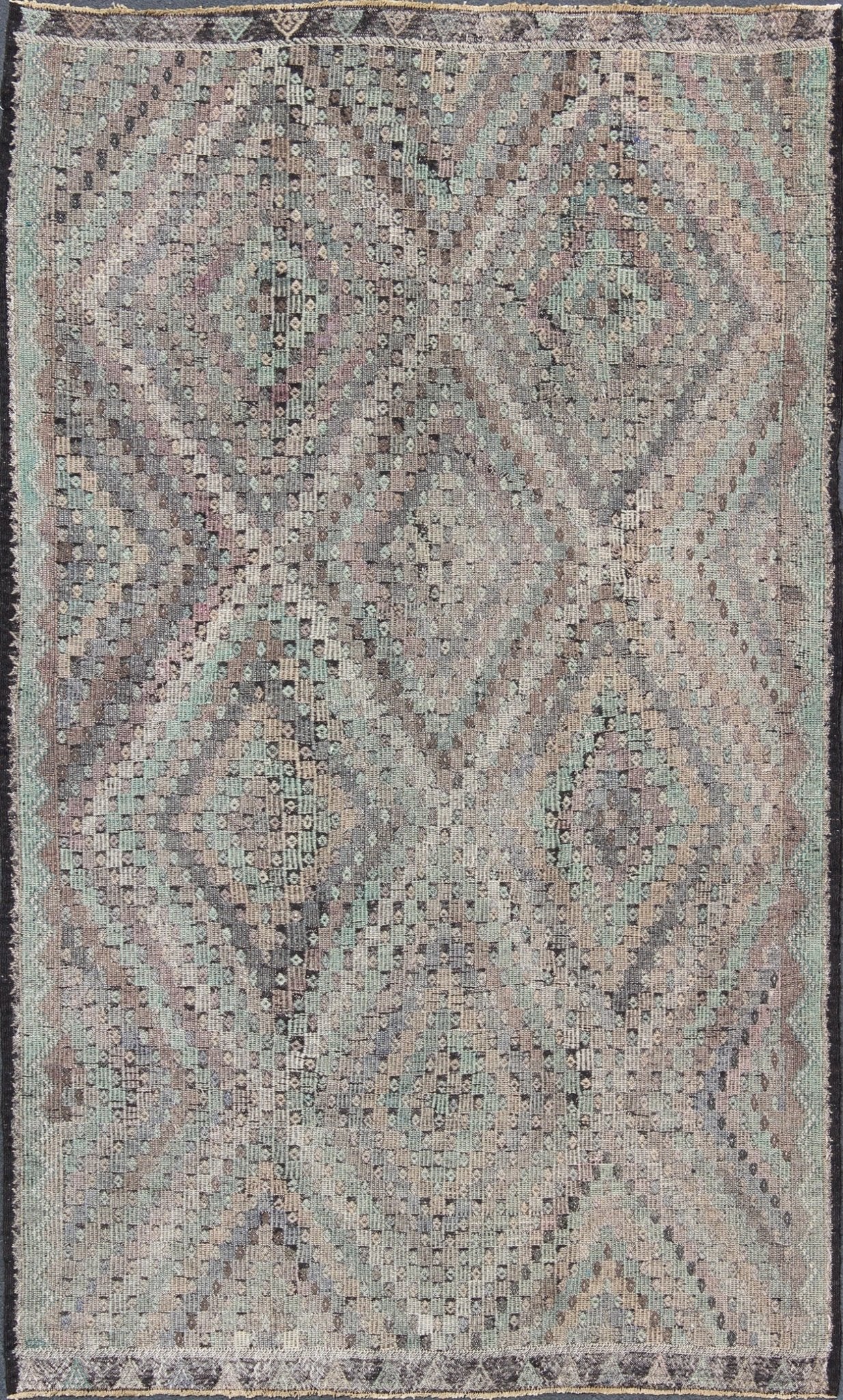 Vintage Jajeem Flat - Weave Rug - This unique Jajeem features a multitude of diamond shapes in the background combined with a simple outer border. The seemingly random use of pastel colors such as gray, light green, light yellow, brown, cream and lavender... - Keivan Woven ArtsTU - EMD - 95008 - 3469Rug