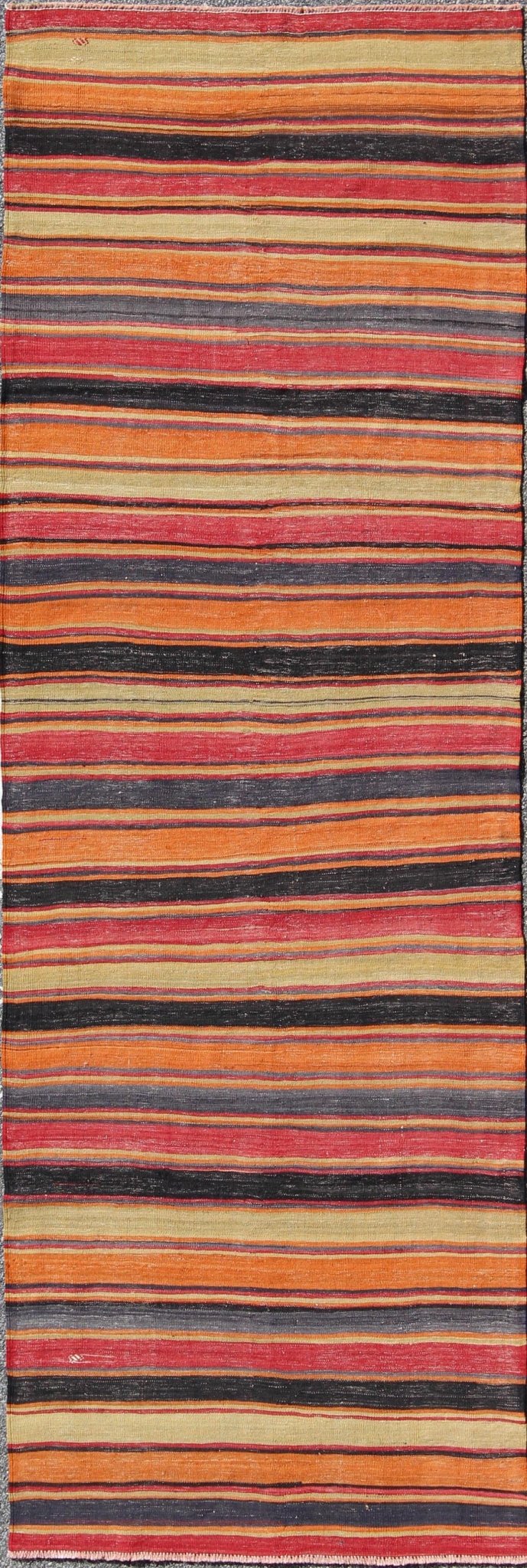 Multicolored Vintage Turkish Kilim rug with Horizontal Stripe Design, rug emd - 95026, country of origin / type: Turkey / Kilim, circa mid - 20th century Featuring a repeating horizontal stripe design, this unique midcentury Kilim showcases an array... - Keivan Woven ArtsTU - EMD - 95026 - 4534Rug