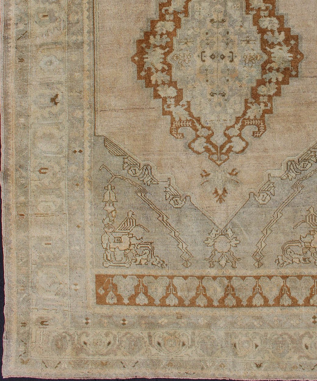 Unique Turkish Oushak Rug with Muted Colors in Taupe, Gray, Ice Blue and L.Green kwarugs Unique Turkish Oushak rug with muted colors in taupe, gray, ice blue and L.green, rug tu - erd - 04, country of origin / type: Turkey / 1940, circa 1940 ... - Keivan Woven ArtsTU - ERD - 04 - 2874Rug