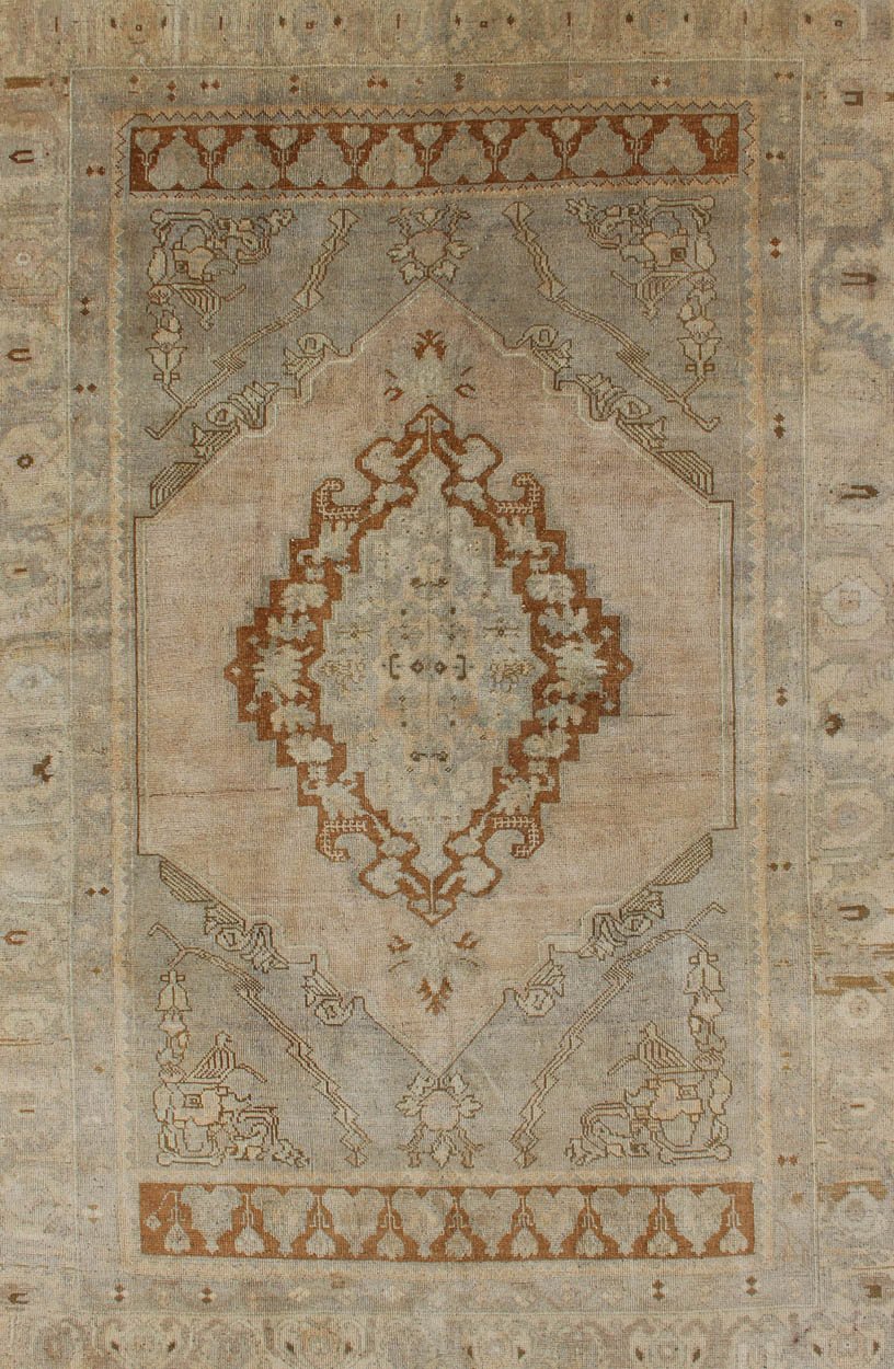 Unique Turkish Oushak Rug with Muted Colors in Taupe, Gray, Ice Blue and L.Green kwarugs Unique Turkish Oushak rug with muted colors in taupe, gray, ice blue and L.green, rug tu - erd - 04, country of origin / type: Turkey / 1940, circa 1940 ... - Keivan Woven ArtsTU - ERD - 04 - 2874Rug