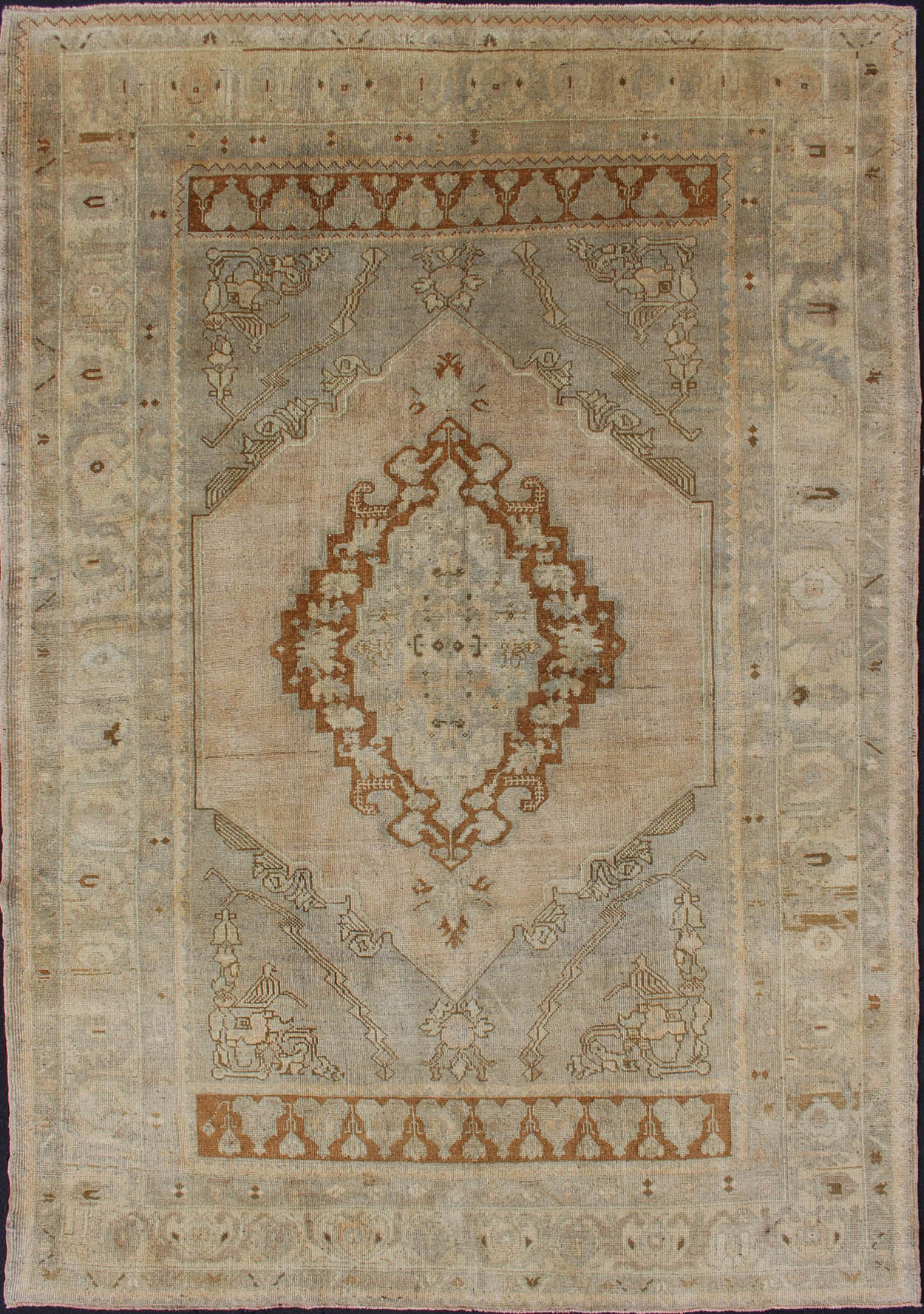 Unique Turkish Oushak Rug with Muted Colors in Taupe, Gray, Ice Blue and L.Green kwarugs Unique Turkish Oushak rug with muted colors in taupe, gray, ice blue and L.green, rug tu - erd - 04, country of origin / type: Turkey / 1940, circa 1940 ... - Keivan Woven ArtsTU - ERD - 04 - 2874Rug