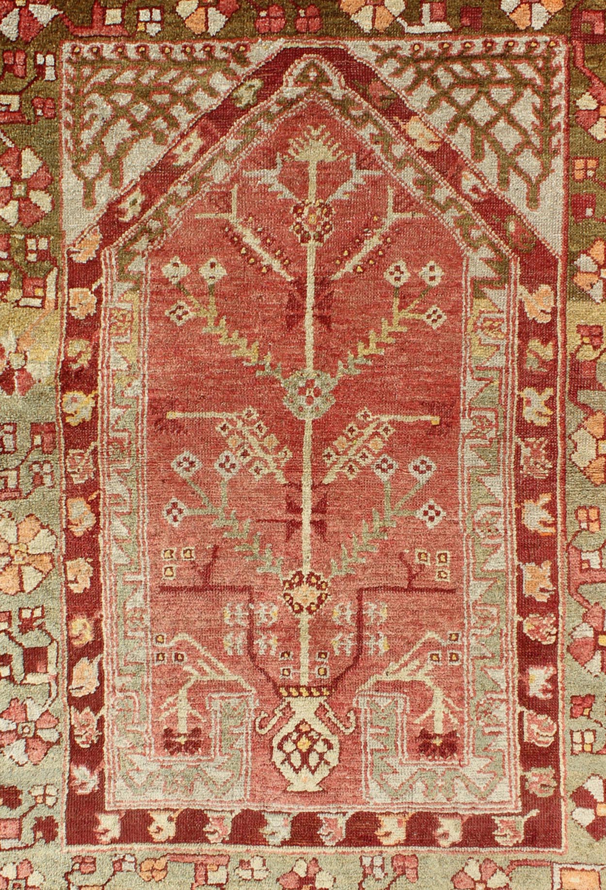 Antique Oushak Rug From Turkey With Directional Tribal Motifs in Soft Rose Red, Green. Antique Oushak Rug Turkey with Tree and Stems, geometric border & Tribal Motifs Keivan Woven Arts/rug/TU - EYP - 1, origin/Turkey, Circa, 1910's Measures... - Keivan Woven ArtsTU - EYP - 1 - 2105Rug