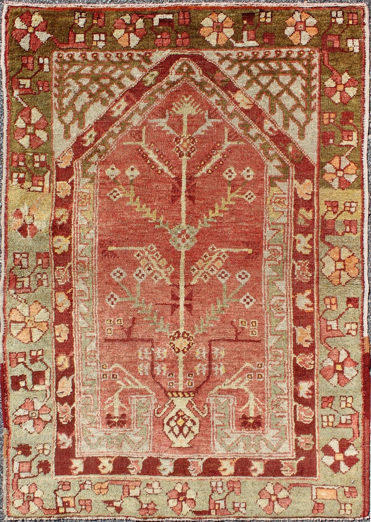 Antique Oushak Rug From Turkey With Directional Tribal Motifs in Soft Rose Red, Green. Antique Oushak Rug Turkey with Tree and Stems, geometric border & Tribal Motifs Keivan Woven Arts/rug/TU - EYP - 1, origin/Turkey, Circa, 1910's Measures... - Keivan Woven ArtsTU - EYP - 1 - 2105Rug