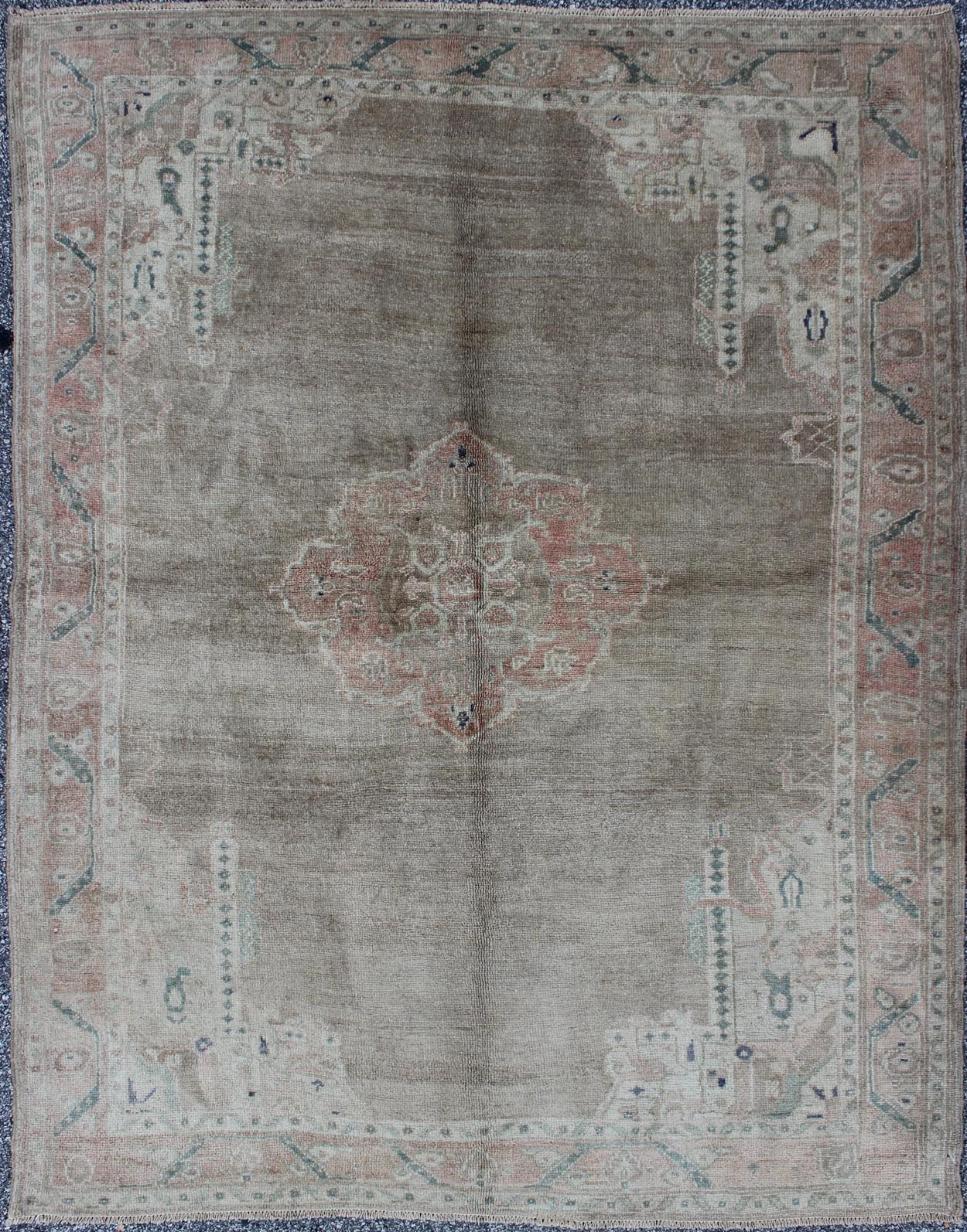 Square shape and Lightly Colored Vintage Turkish Oushak Rug with Medallion Geometric Border. Square shape and Lightly Colored Vintage Turkish Oushak Rug with Medallion Geometric Border. Keivan Woven Arts/ rug TU - IHS - 123263, country of origin /... - Keivan Woven ArtsTU - IHS - 123263 - 3634Rug