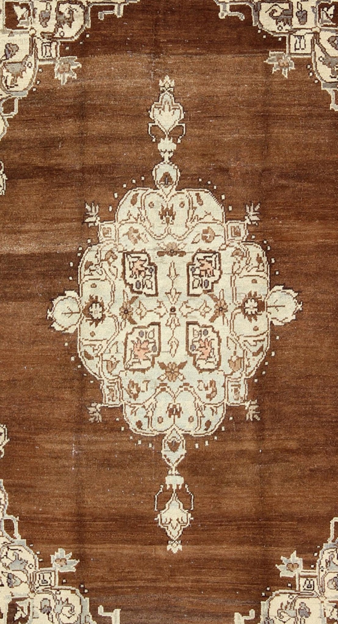 Vintage Turkish Oushak Rug with Floral Motifs in Chocolate Brown, Ivory, Taupe: This beautiful rug from early 20th century Turkey features a Classic Oushak design, which is enhanced by lustrous wool. The chocolate - brown ground is home to the centre med... - Keivan Woven ArtsTU - ISA - 136544 - 5241Rug