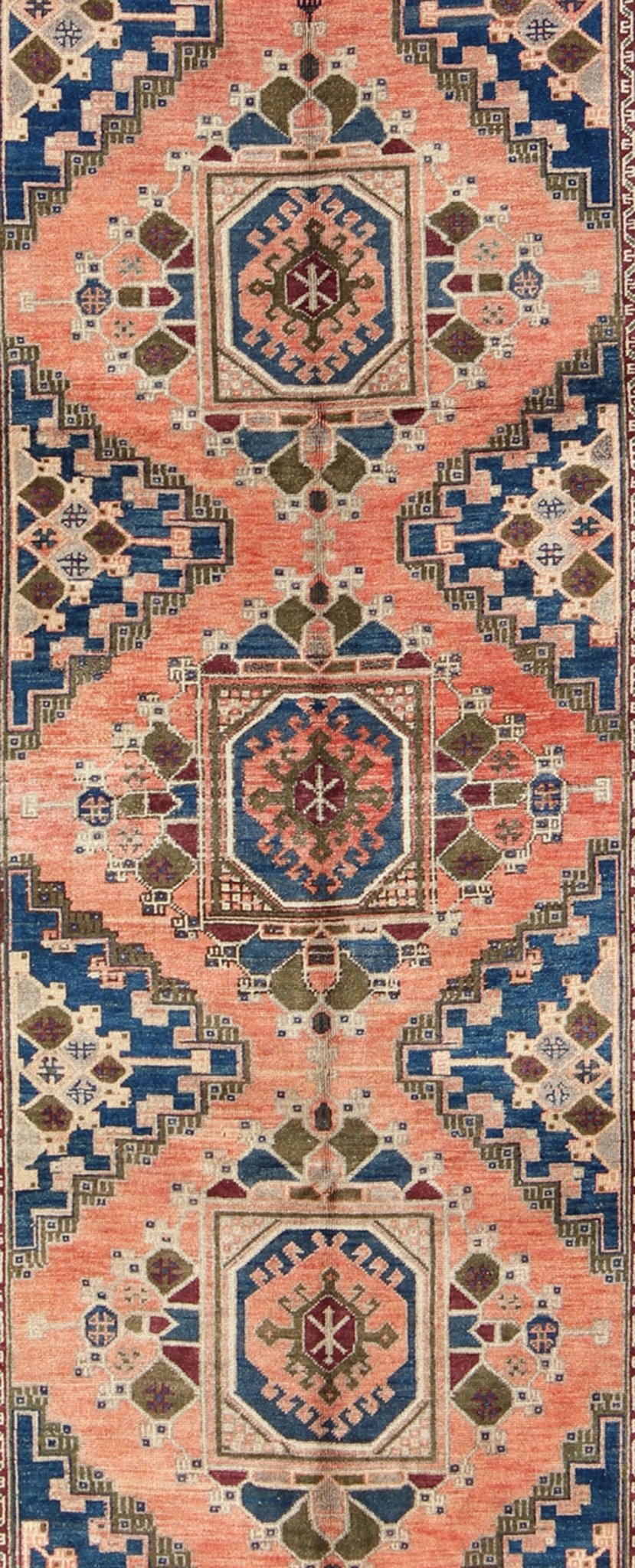 Vintage Oushak Rug from Turkey with Medallions in Salmon Pink and Blue kwarugs Vintage Oushak rug from Turkey with Medallions in salmon pink and blue, rug isa - 3361, country of origin / type: Turkey / Oushak, circa mid - 20th century This be... - Keivan Woven ArtsTU - ISA - 3361 - 5736Rug