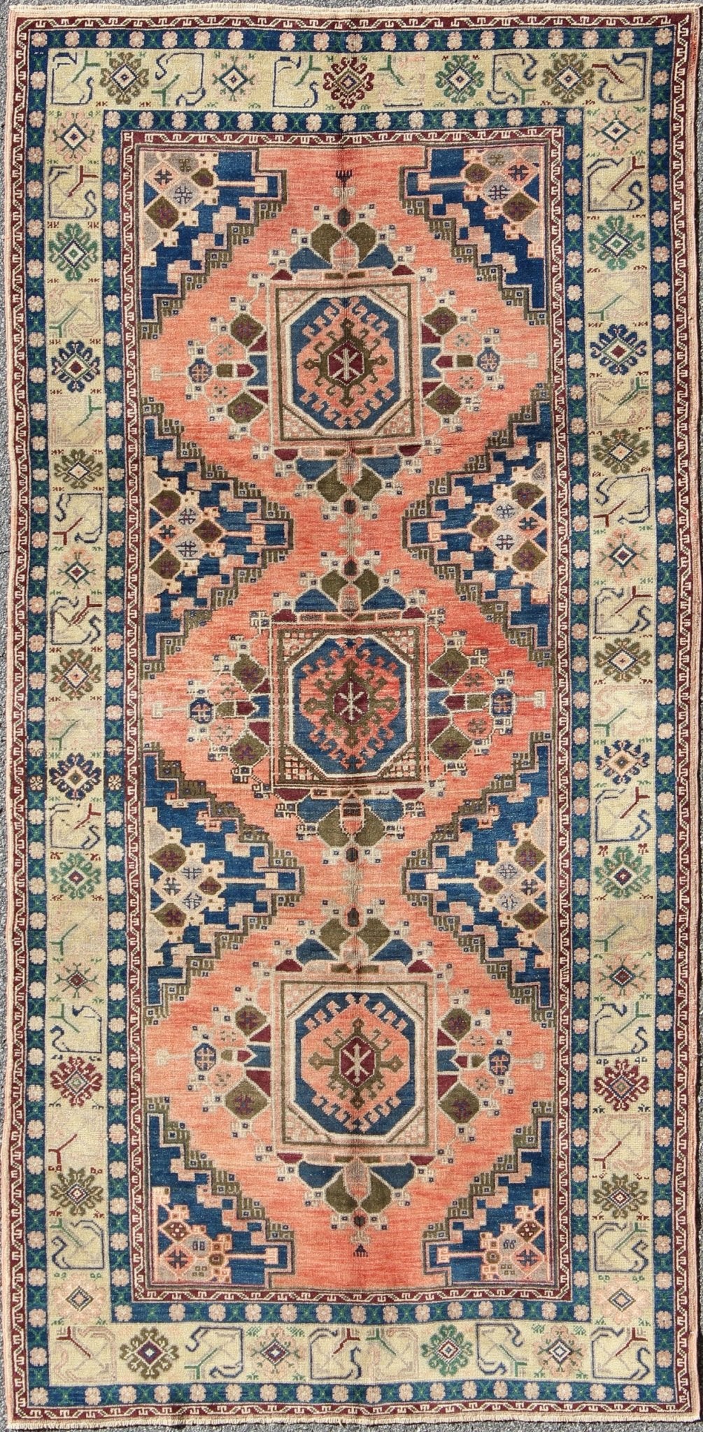 Vintage Oushak Rug from Turkey with Medallions in Salmon Pink and Blue kwarugs Vintage Oushak rug from Turkey with Medallions in salmon pink and blue, rug isa - 3361, country of origin / type: Turkey / Oushak, circa mid - 20th century This be... - Keivan Woven ArtsTU - ISA - 3361 - 5736Rug